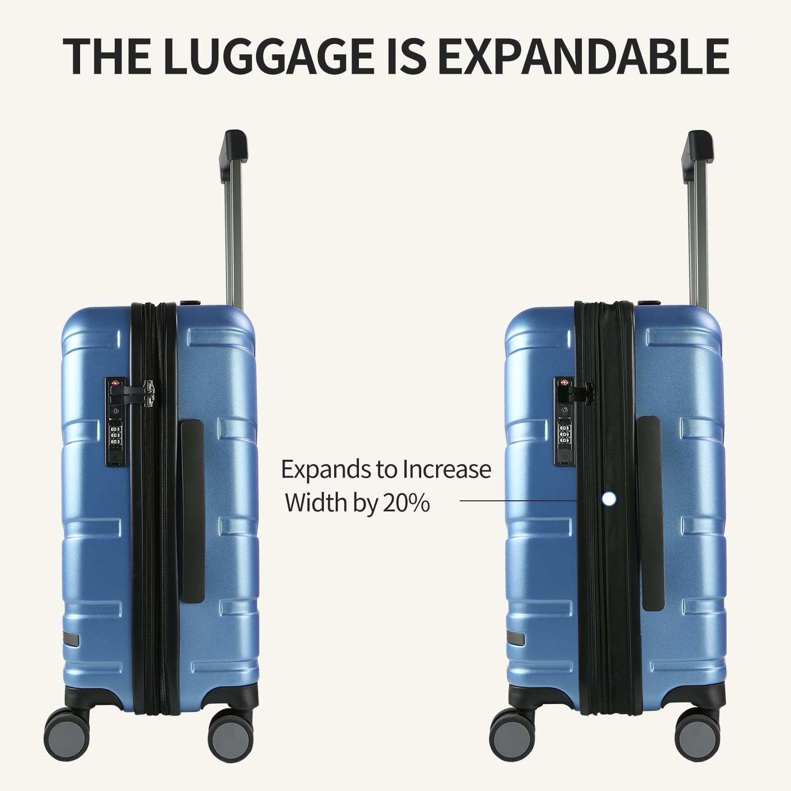 VANKEAN 20 Inch Expandable Hard Shell Carry On Luggage with 360° Spinner Wheels & TSA Lock - Airline Approved Light Blue Suitcase for Travel, Business Trips & Weekend Getaways
