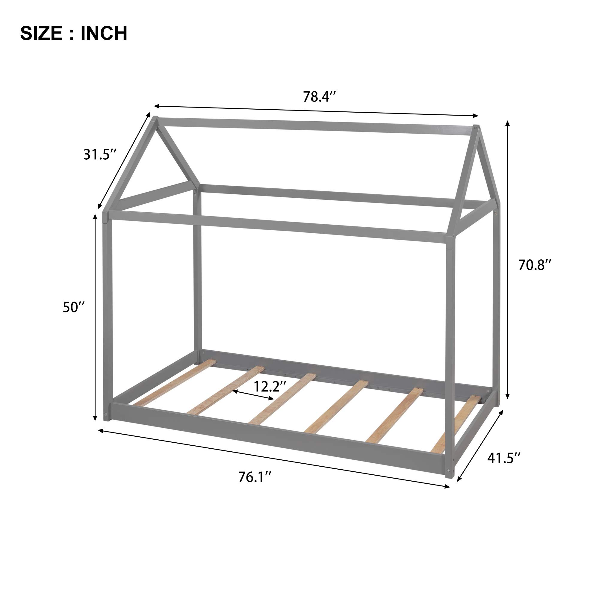 **Sturdy Twin House Bed with Roof & Slat Support - Low Platform Daybed for Toddlers & Teens - Gray Kids Bedroom Furniture - Perfect for Nursery, Playroom & Cozy Bedroom Decor**