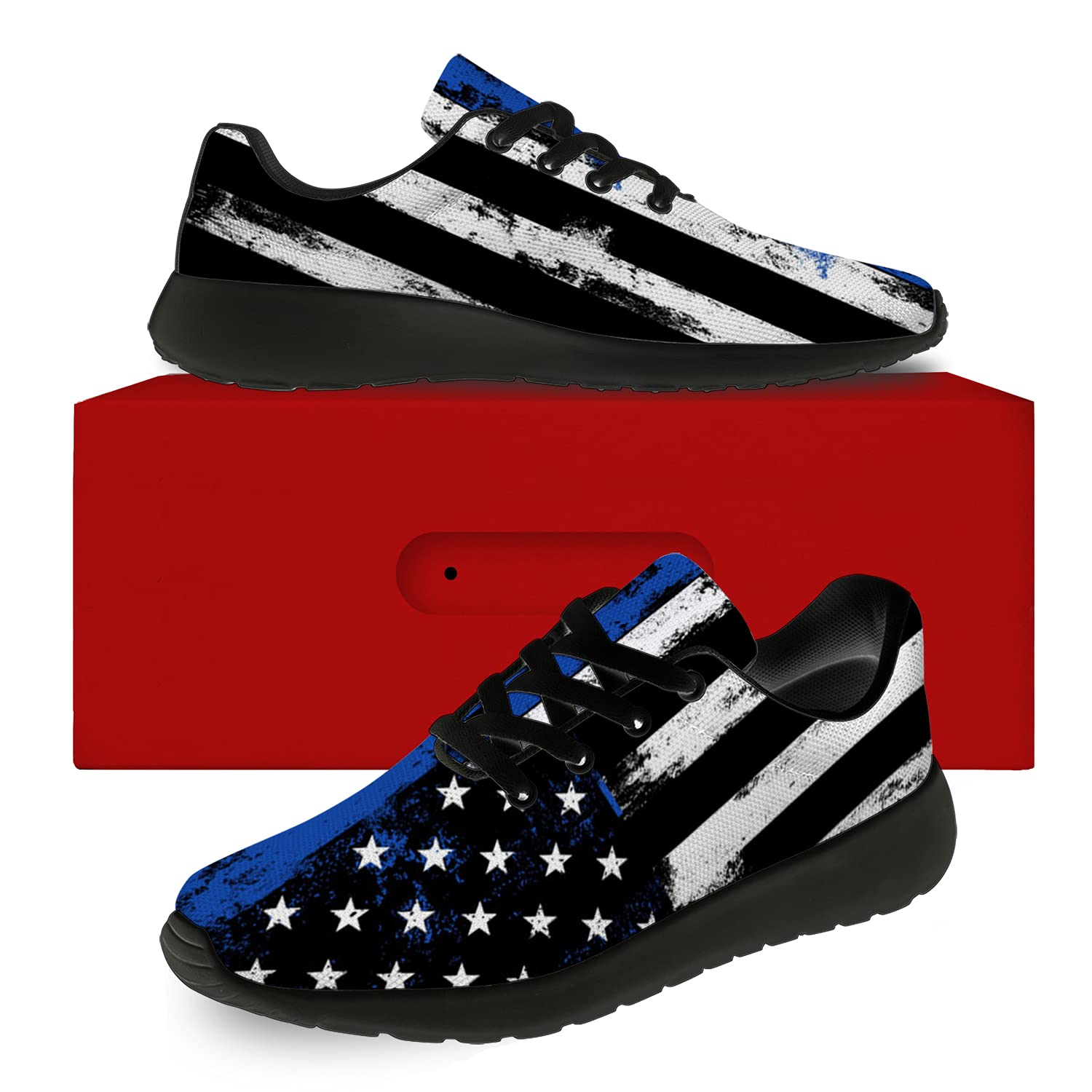 Thin Blue Line Running Shoes for Men & Women - Lightweight Walking & Tennis Sneakers with American Flag Design - Honor Duty Courage - Size 9.5 Men/11 Women Black - Perfect Gifts for Police Supporters & First Responders - Ideal for Jogging, Gym Workouts & Casual Wear