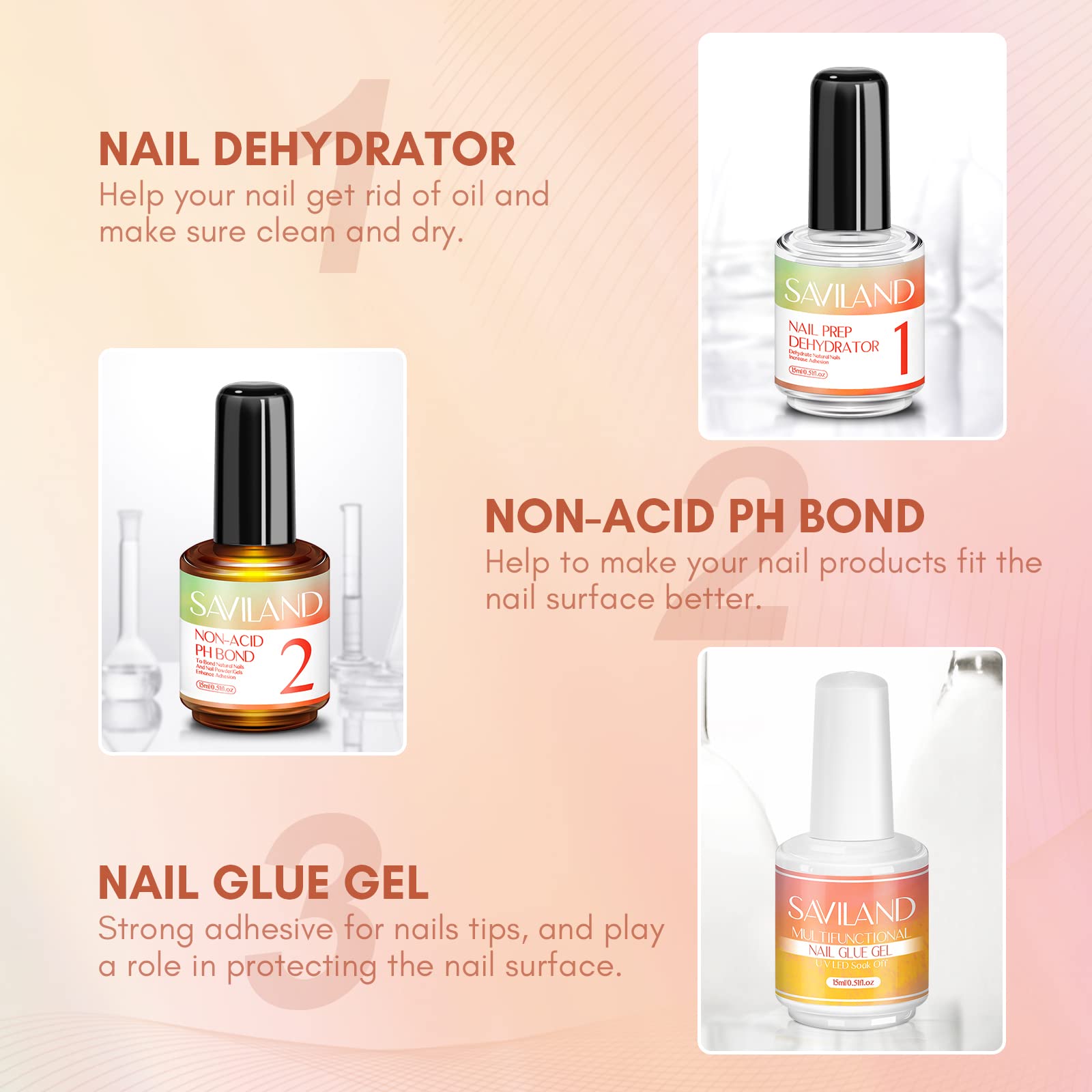 SAVILAND Gel X Nail Glue & Prep Kit - 15ml Non-Acid Nail Dehydrator & Primer for Strong Gel Polish & Press On Nails | 6-in-1 Super Strong Adhesive for DIY Nail Art & Gel X Extension | Perfect for Salon Professionals & At-Home Manicures