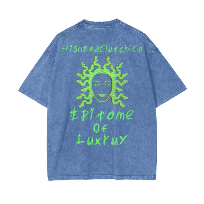 Premium Blue Acid Wash Oversized T-Shirt with Embroidery Style Print - 250 GSM Heavyweight Cotton - Trendy Streetwear for Men & Women - Perfect for Casual Outfits, Parties, and Everyday Wear
