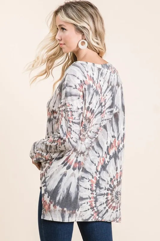 BiBi Tie Dye Terry Top with Contrast Stitching - Stylish Women's Casual Shirt for Summer Outfits & Beach Wear