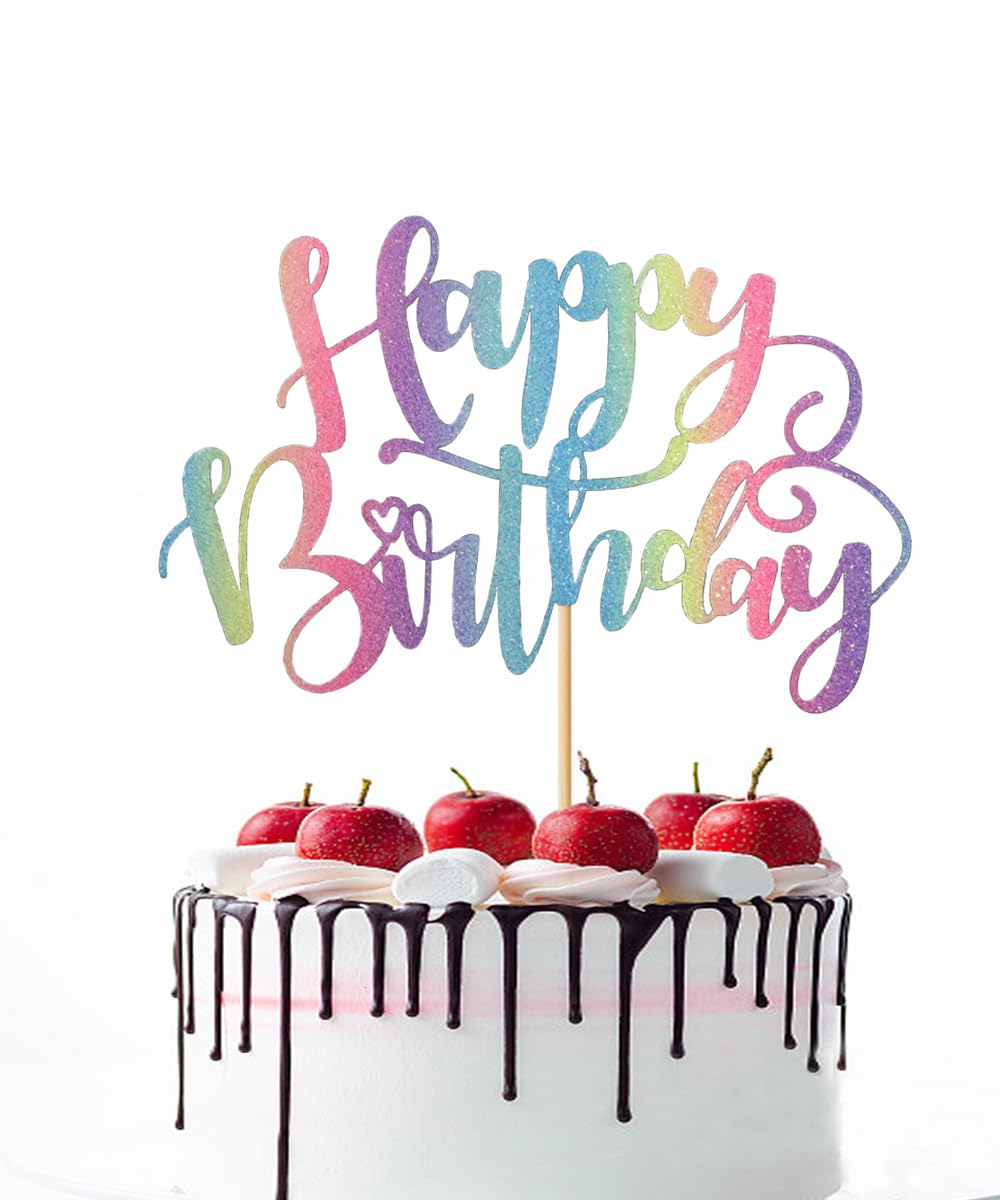Handmade Glitter Happy Birthday Cake Topper - Rainbow Birthday Party Cake Decorations for Anniversary & Celebration Supplies | Perfect for Wedding, Baby Shower, Bridal Shower & Birthday Party Decor