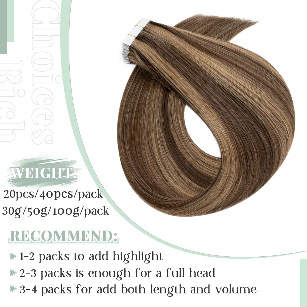 100% Remy Human Hair Tape in Extensions - 20pcs 14 Inch Double Sided Seamless Straight Tape Hair Extensions (Balayage Medium Brown/Dark Blonde) for Natural Volume & Length - Perfect for Weddings, Parties & Daily Styling