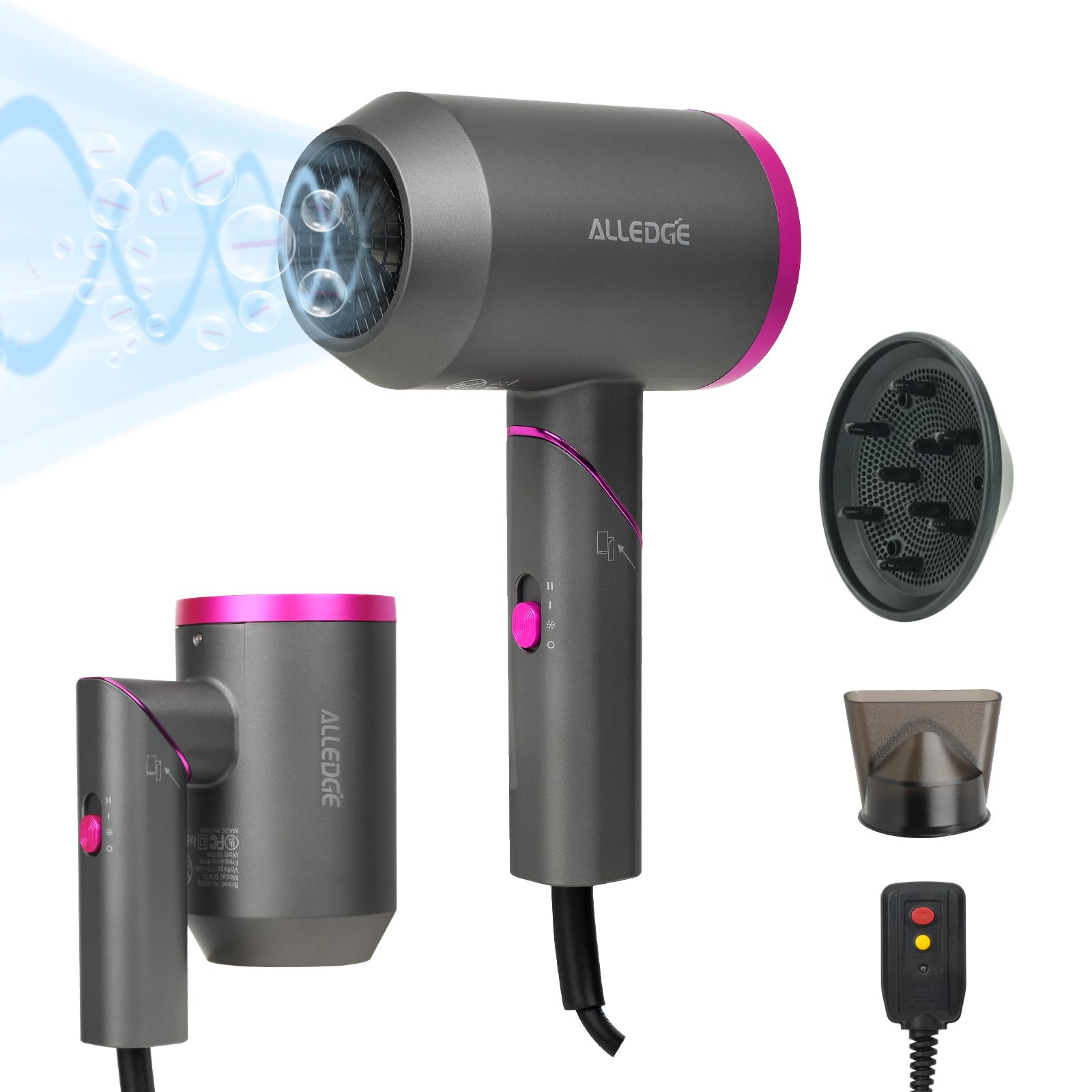 **1850W Ionic Hair Dryer with Diffuser - Fast Drying Blow Dryer for Thick & Curly Hair, Foldable Travel Design, No Heat Damage - Perfect for Home, Salon & Travel Use**