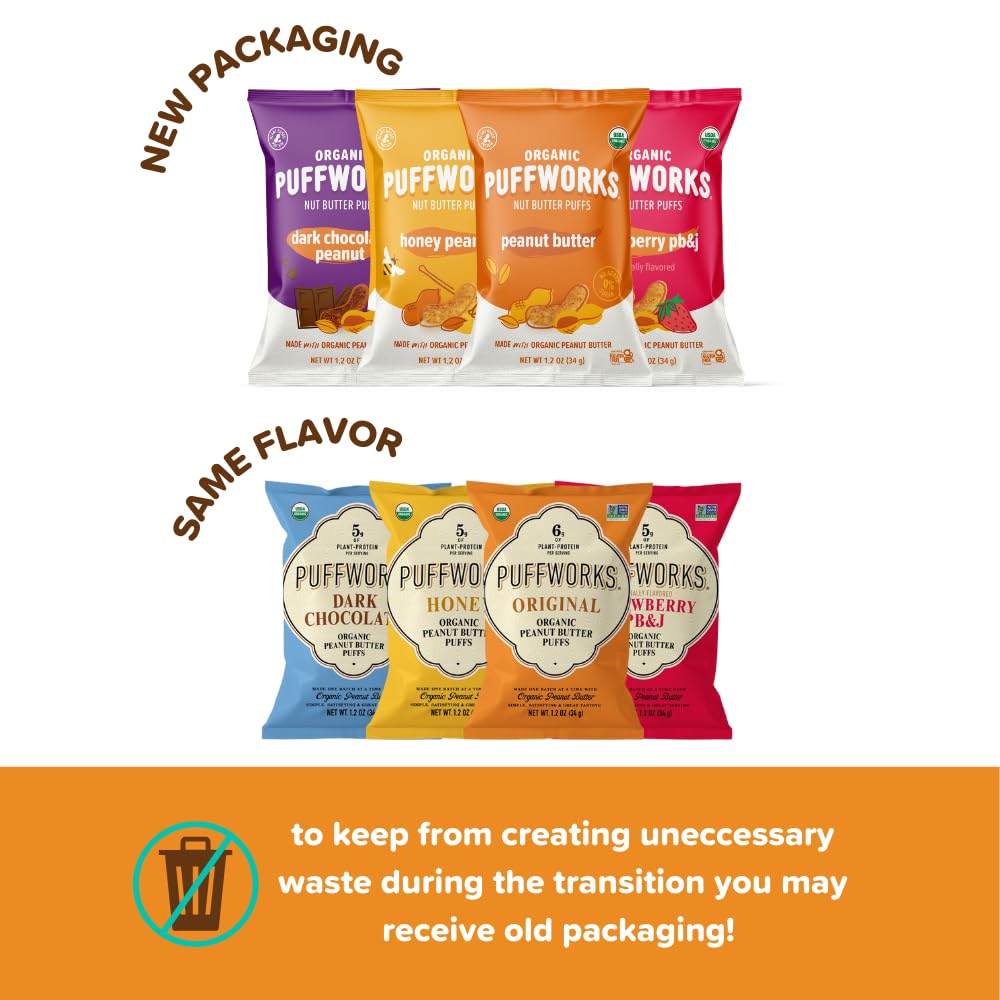 Organic Peanut Butter Puffs Variety Pack - Original, PBJ, Dark Chocolate & Honey Flavors | Gluten-Free, Kosher, Plant-Based Protein Snack | 1.2oz (12 Pack) | Perfect for On-the-Go Snacking, Lunchboxes & Healthy Office Treats