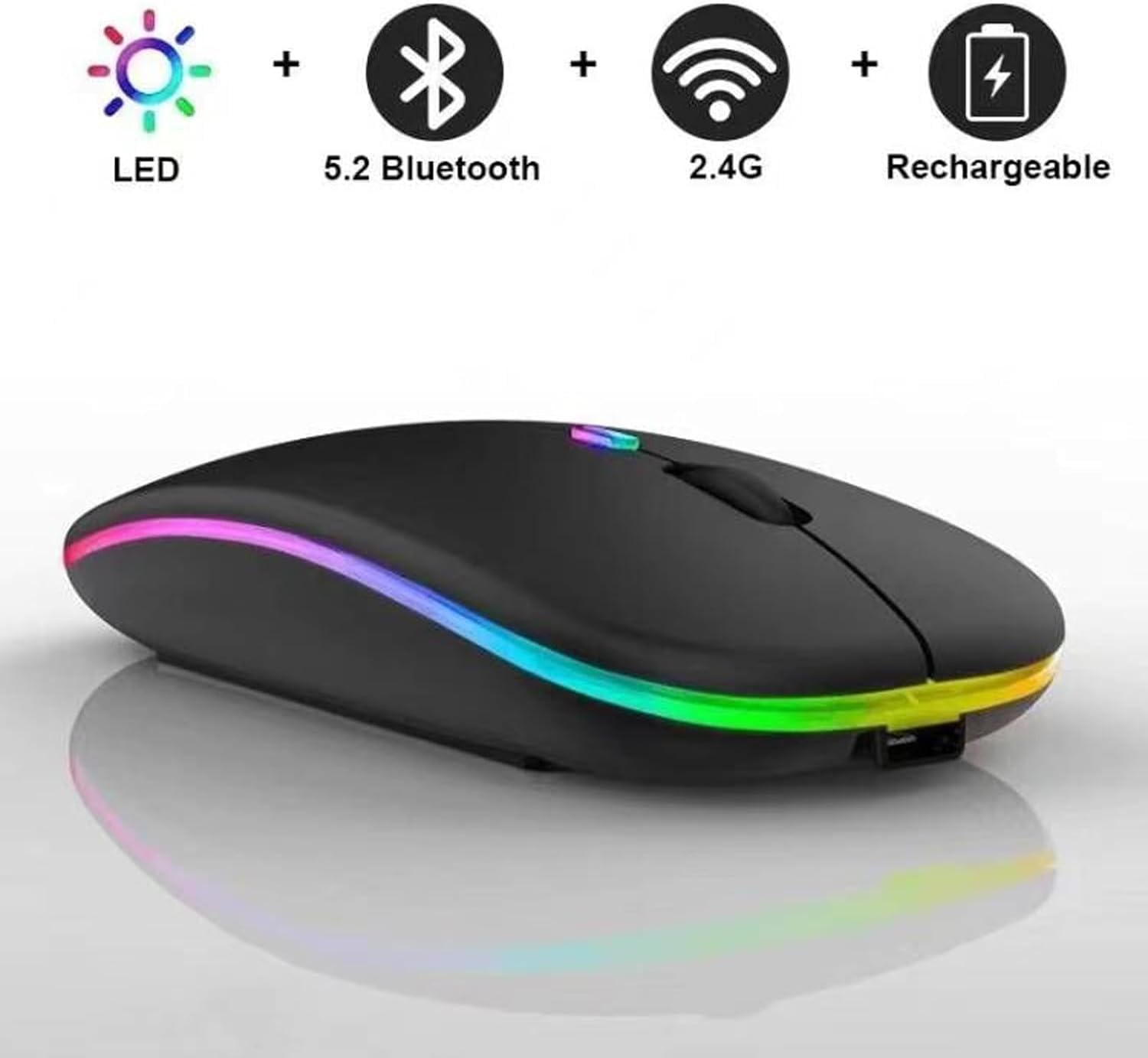 Wireless Bluetooth Mouse, Rechargeable Silent Slim Mouse with LED Indicator, Dual Mode (BT5.2 + USB Receiver) for Laptop, Desktop, iPad, Tablet, Phone & TV - Perfect for Office, Home & Travel Use (Black)
