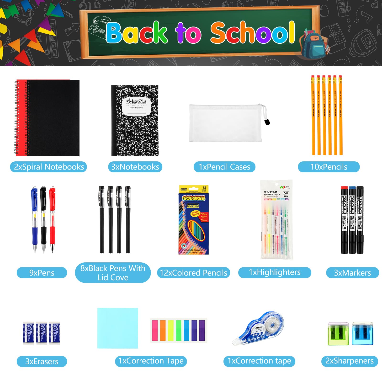 80-Piece Complete School Supply Kit with Backpack - Bulk School Essentials for Elementary, Middle & High School Students - Includes Folders, Notebooks, Pencils & More (Black) - Perfect for Back to School, Classroom Organization & Homework Supplies