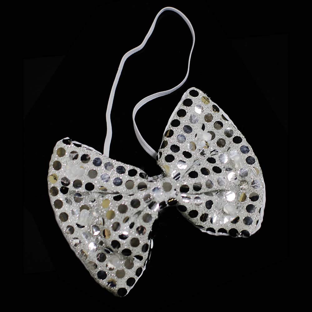 Silver Sequin LED Flashing Bow Tie - White Lights for Costume Party, Gag Gift for Men & Women | Perfect for Halloween, Christmas, Prom & Themed Events