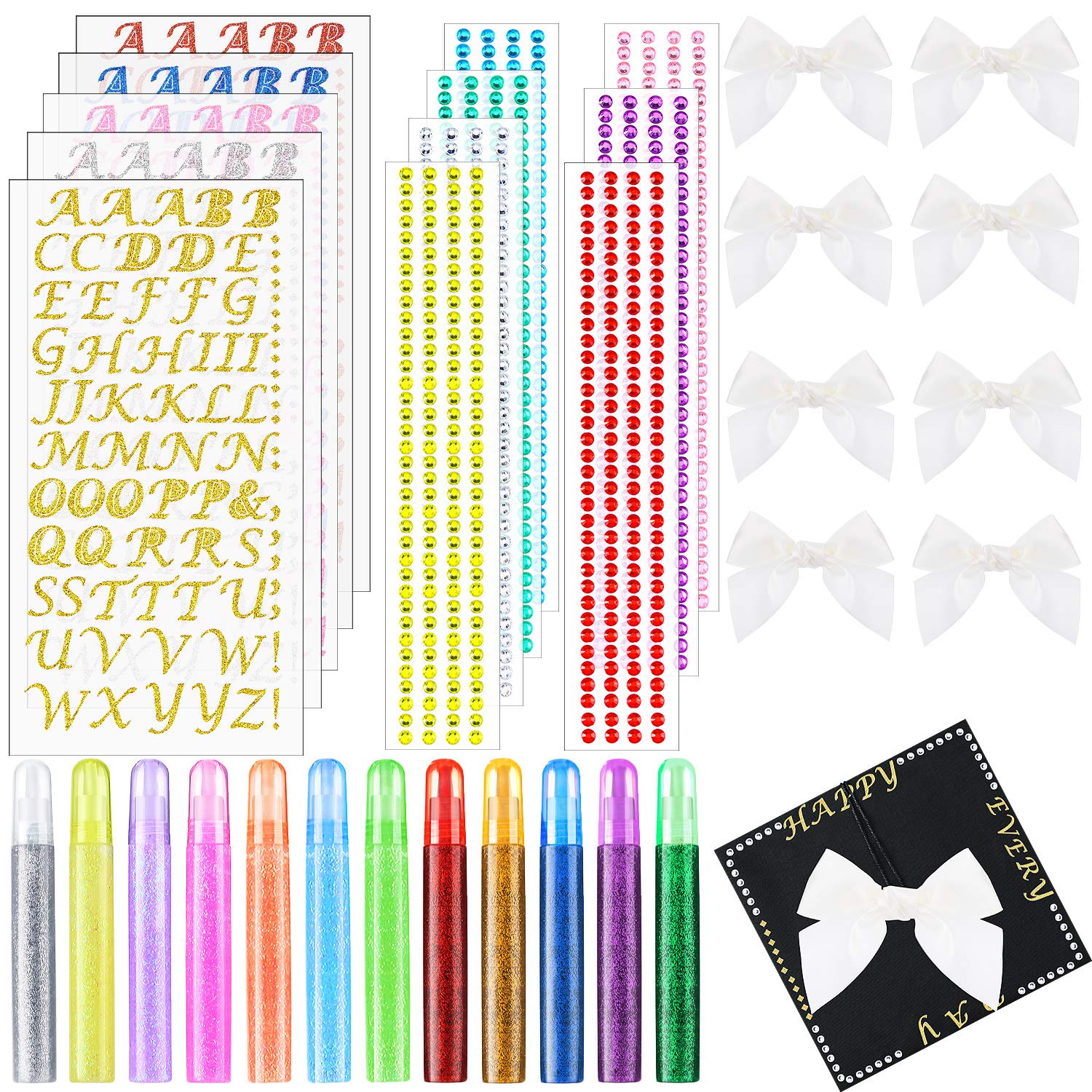 31-Piece Graduation Cap Decoration Kit with Rhinestone Stickers, Glitter Alphabet Letters, Glue Pens & Bowknot Ornaments - Perfect for Graduation Parties, DIY Cap Decor & School Celebration Decorations