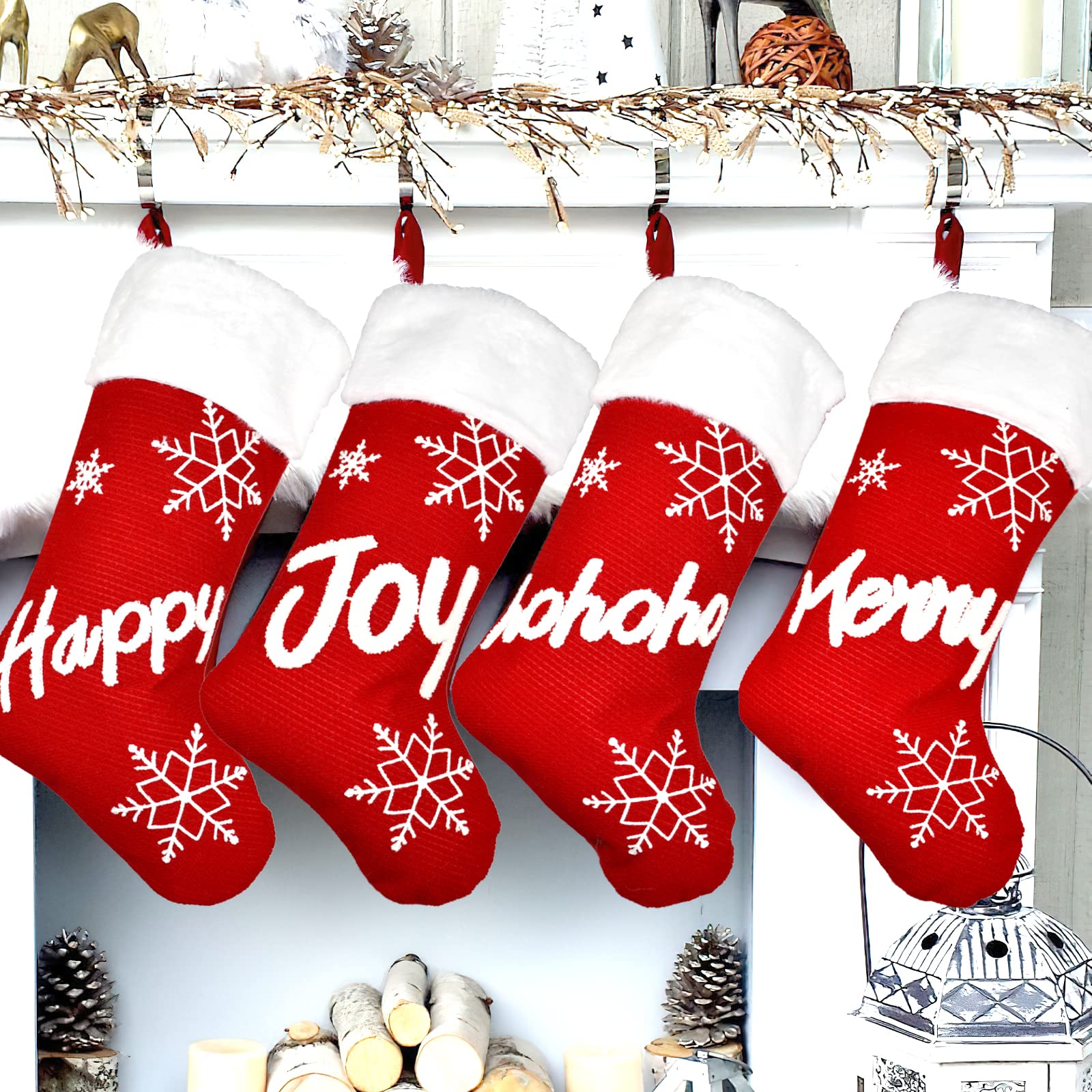 4PCS 18 Inch Red Christmas Stockings with Snowflake Embroidery & White Faux Fur Cuff - Knit Holiday Stockings for Fireplace Hanging - Perfect for Xmas Tree Decor, Gift Giving & Festive Home Decor