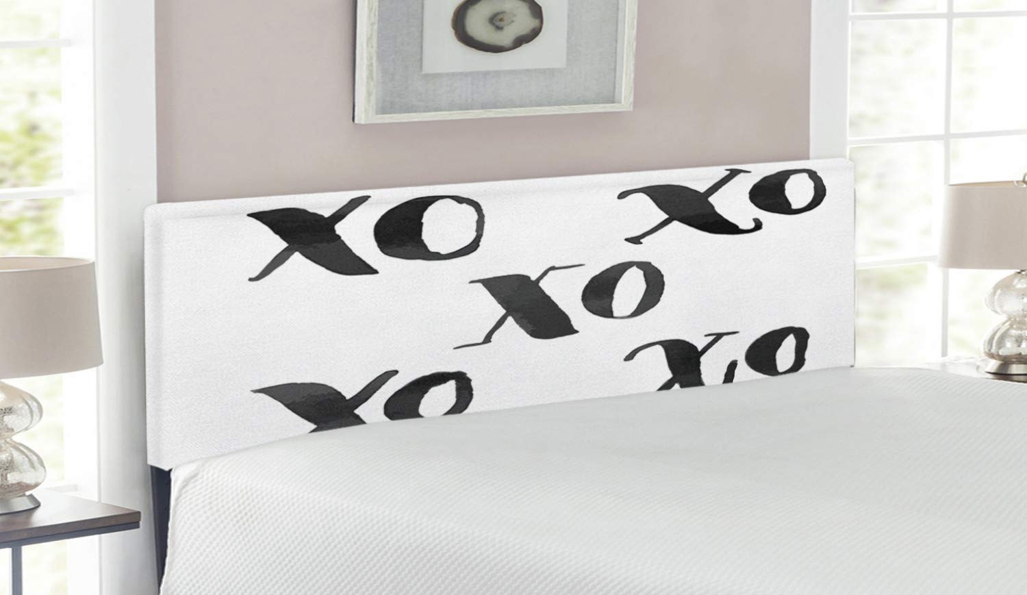 Ambesonne Xo Upholstered Headboard - Queen Size Black & White Hugs & Kisses Calligraphy Print - Decorative Metal Bed Frame with Memory Foam Padding | Perfect for Romantic Bedroom Decor & Guest Room Styling