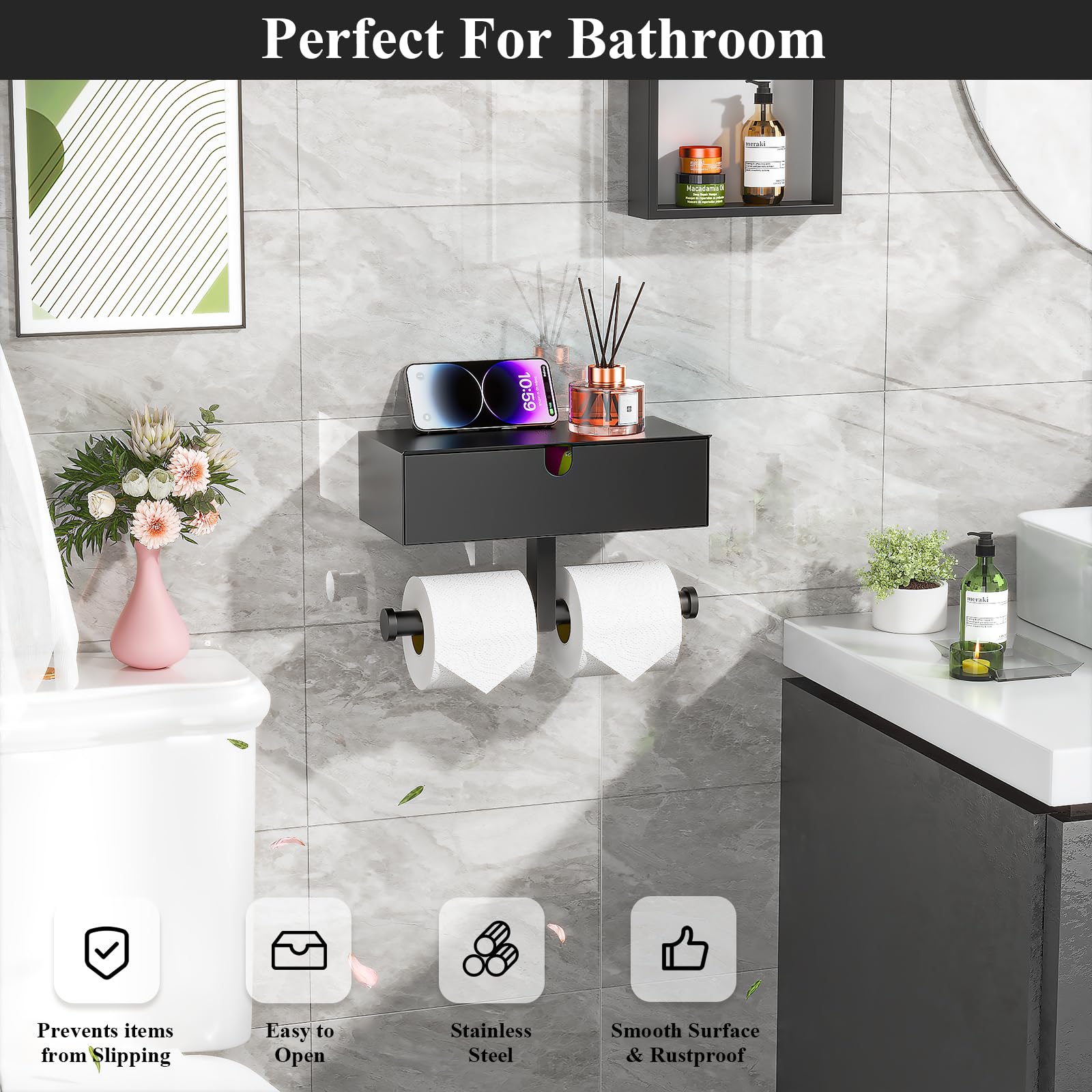 Stainless Steel Wall Mounted Toilet Paper Holder with Storage Shelf & Tampon Holder - Double Roll Bathroom Tissue Dispenser, Black - Perfect for Small Bathrooms, Powder Rooms & RVs