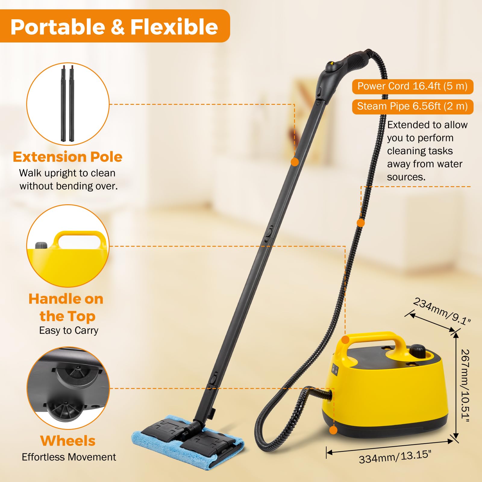 BEAMNOVA Electric Steam Cleaner 1500W High Pressure Multipurpose Steamer for Carpet, Upholstery, Floor & Car Detailing - 1.5L Water Tank with Roller - Perfect for Home Deep Cleaning & Sanitizing