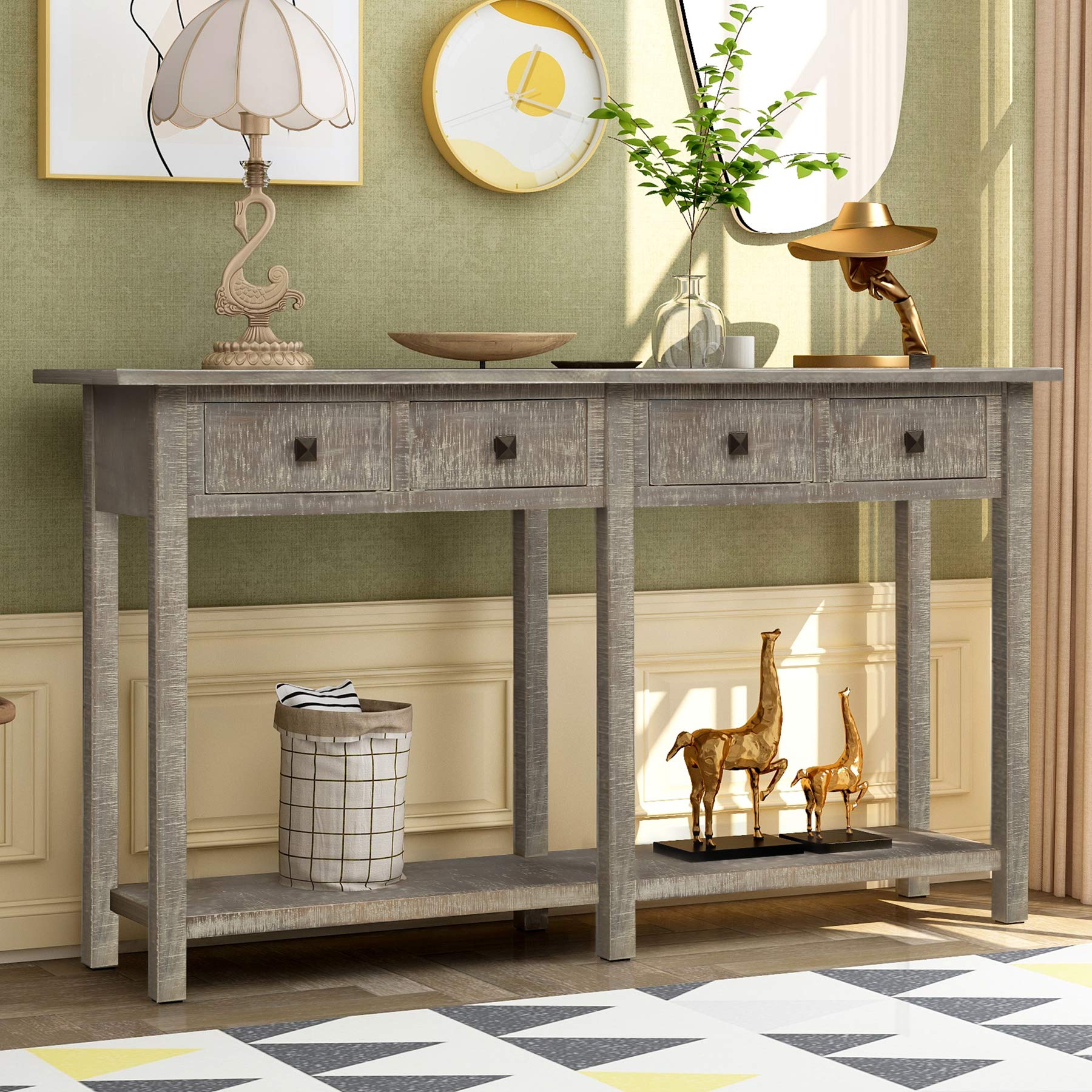 Vintage Grey Wash Console Table with Drawers & Shelf - Entryway Sofa Table, Living Room Sideboard for Hallway & Home Decor | Perfect for Small Spaces, Apartment Entry, Behind Couch & Bedroom Storage