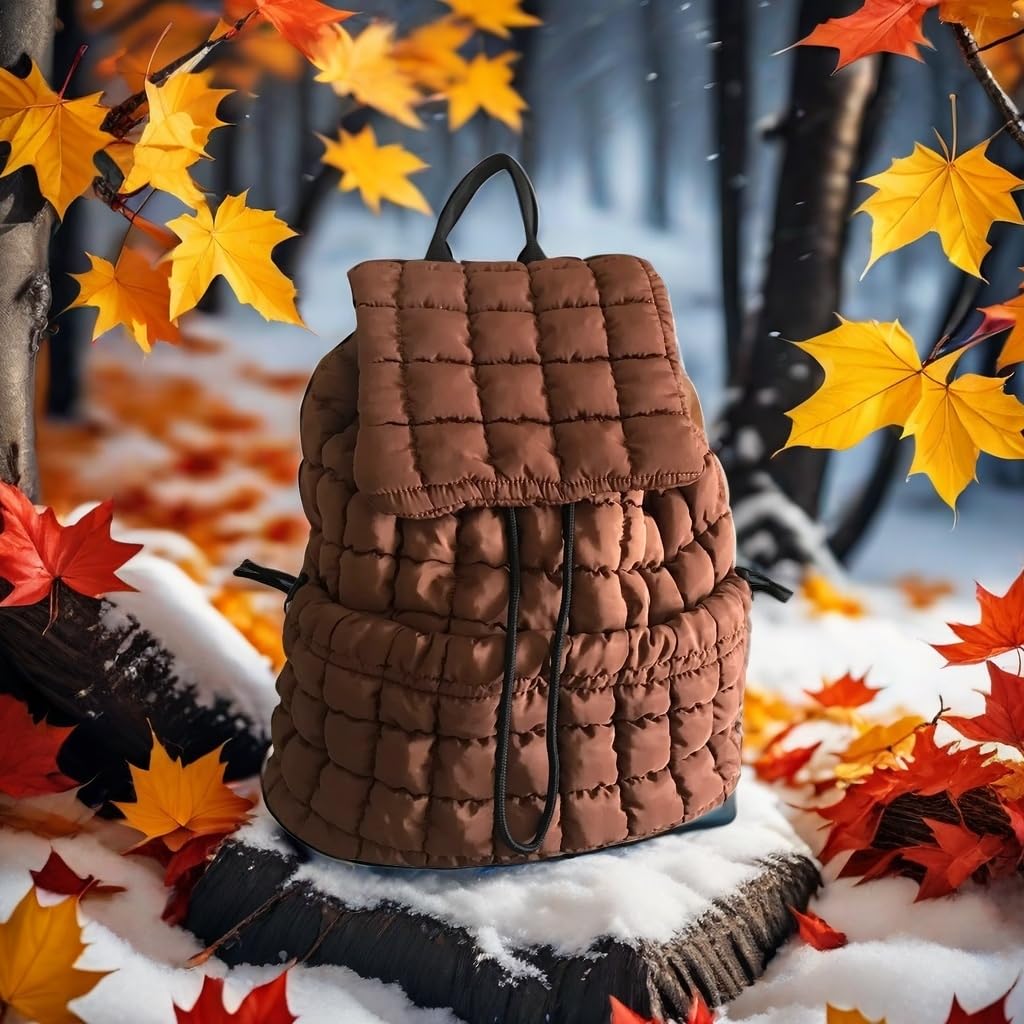 Quilted Puffy Backpack for Women - Lightweight Nylon Travel Daypack with Stylish Quilted Design, Perfect for School, Work & Outdoor Adventures (Brown)