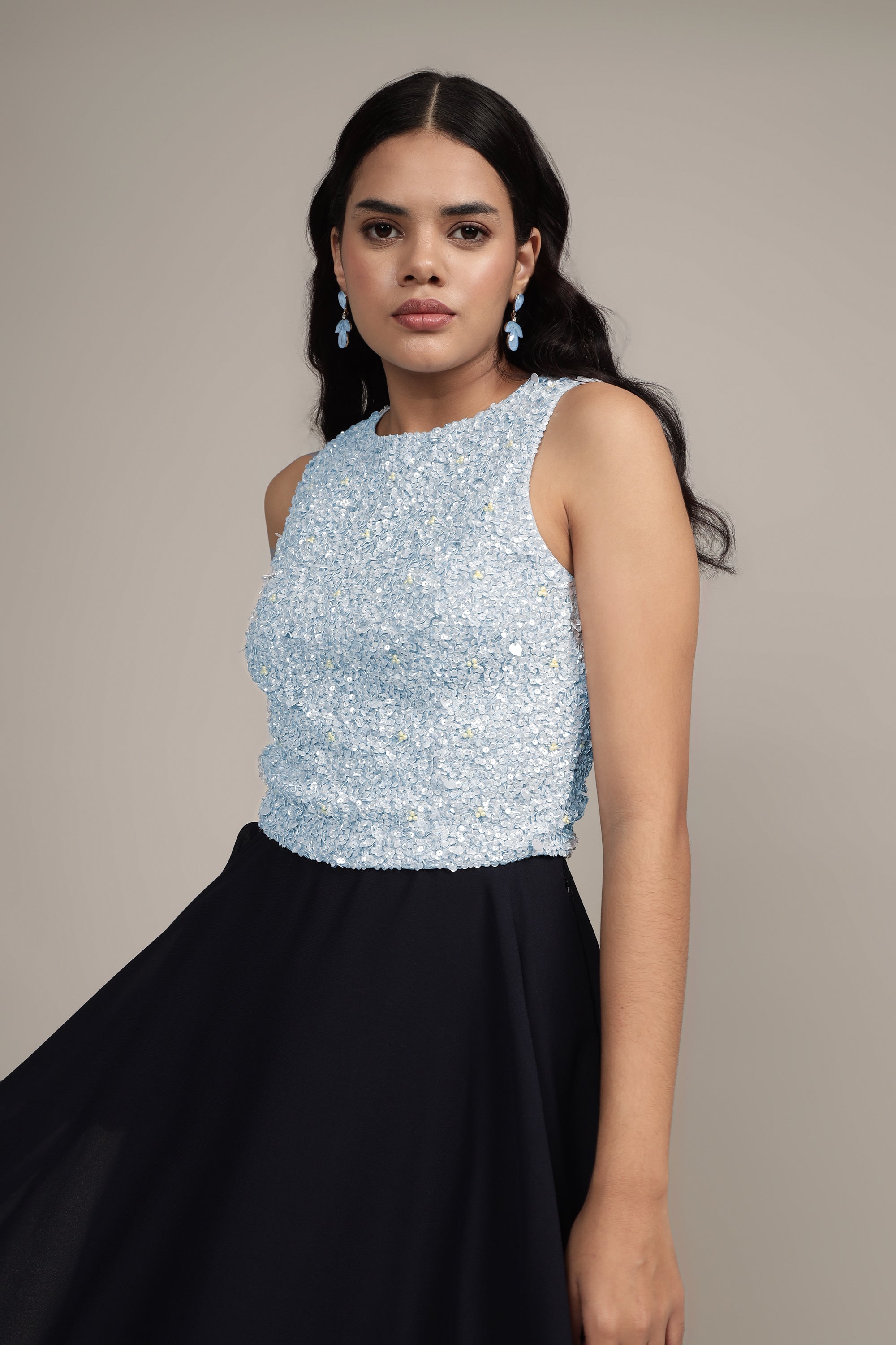 Light Blue Embellished Picasso Top for Women | Elegant Blouse for Casual Wear, Office & Special Occasions