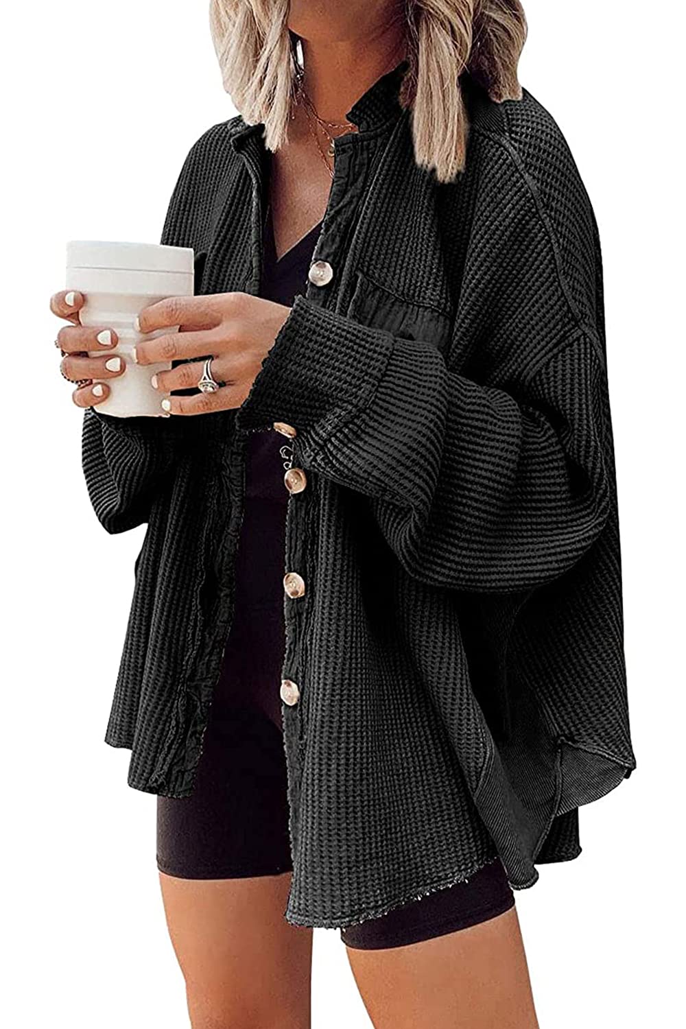 Yanekop Women's Waffle Knit Button Down Shirt Jacket - Oversized Long Sleeve Shacket for Trendy Fall Outfits 2025 | Casual Wear, Layering Piece & Street Style Fashion