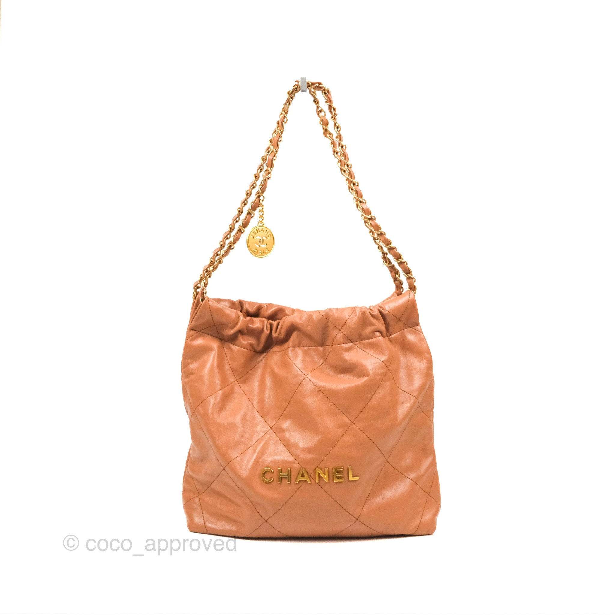 Chanel 22 Small Handbag in Caramel Beige Shiny Calfskin Leather with Aged Gold Hardware - Luxury Crossbody Bag for Women, Perfect for Date Night & Evening Events