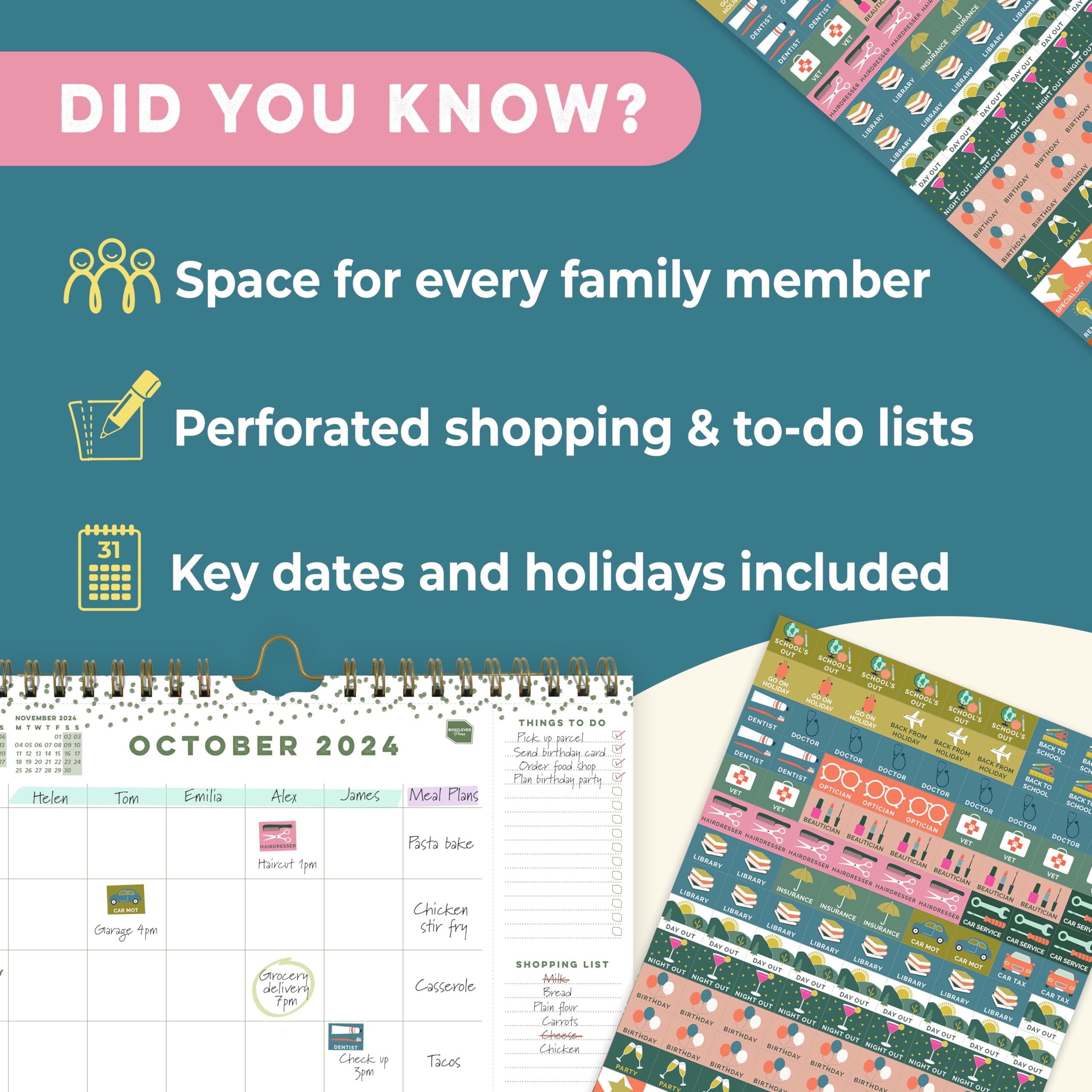 Boxclever Press 2024-2025 Family Weekly Planner Wall Calendar | 6-Column Organizer with Lists, Pocket & Stickers | August 2024-December 2025 | Perfect for Home, Office & School Planning