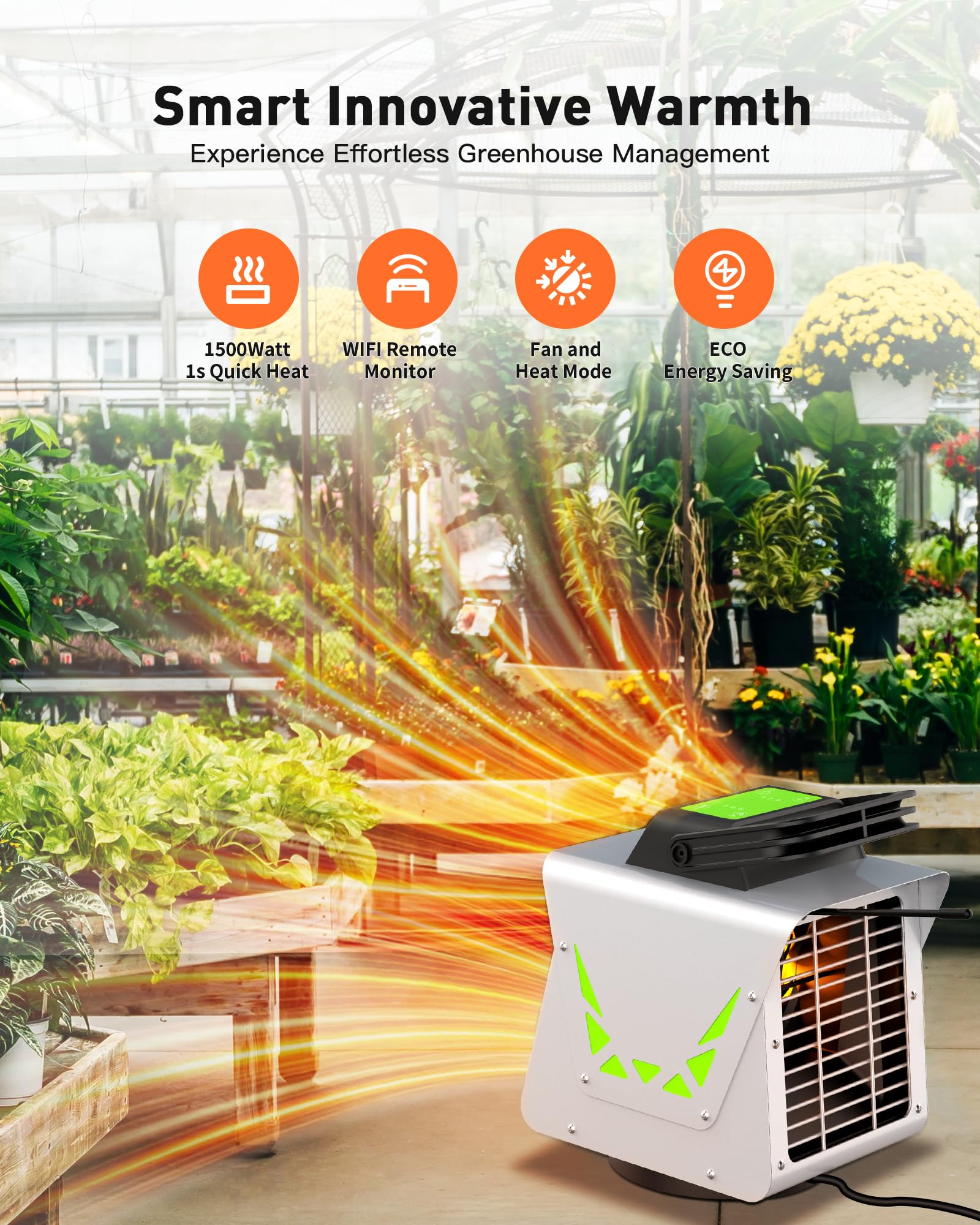 1500W Smart Greenhouse Heater with Thermostat & APP Remote Control - Portable Electric Heater for Plants, Vegetables, Flowers - Safe Indoor/Outdoor Use for Greenhouses, Grow Tents, Garages, and Home Gardens