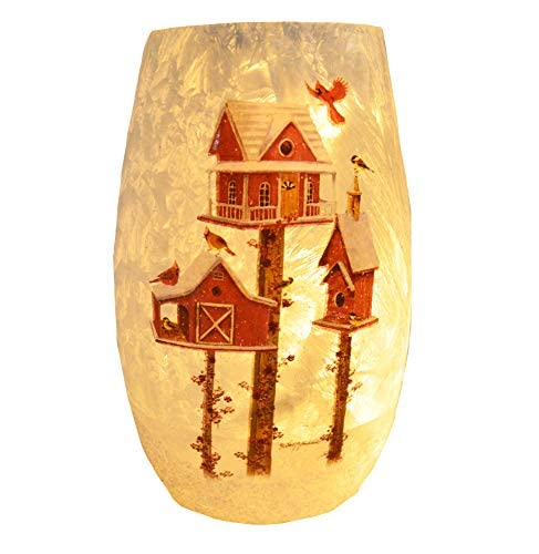 Stony Creek Frosted Glass 5-Inch Lighted Vase with Red Birdhouses - Elegant Home Decor for Living Room, Bedroom, or Wedding Centerpiece