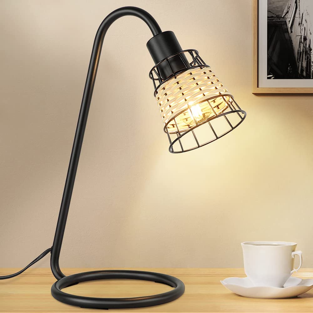 Modern LED Desk Lamp with Rattan Shade - Industrial Black Metal Table Lamp for Bedroom, Living Room, Office & Study | Adjustable Nightstand Lighting for Reading & Workspace