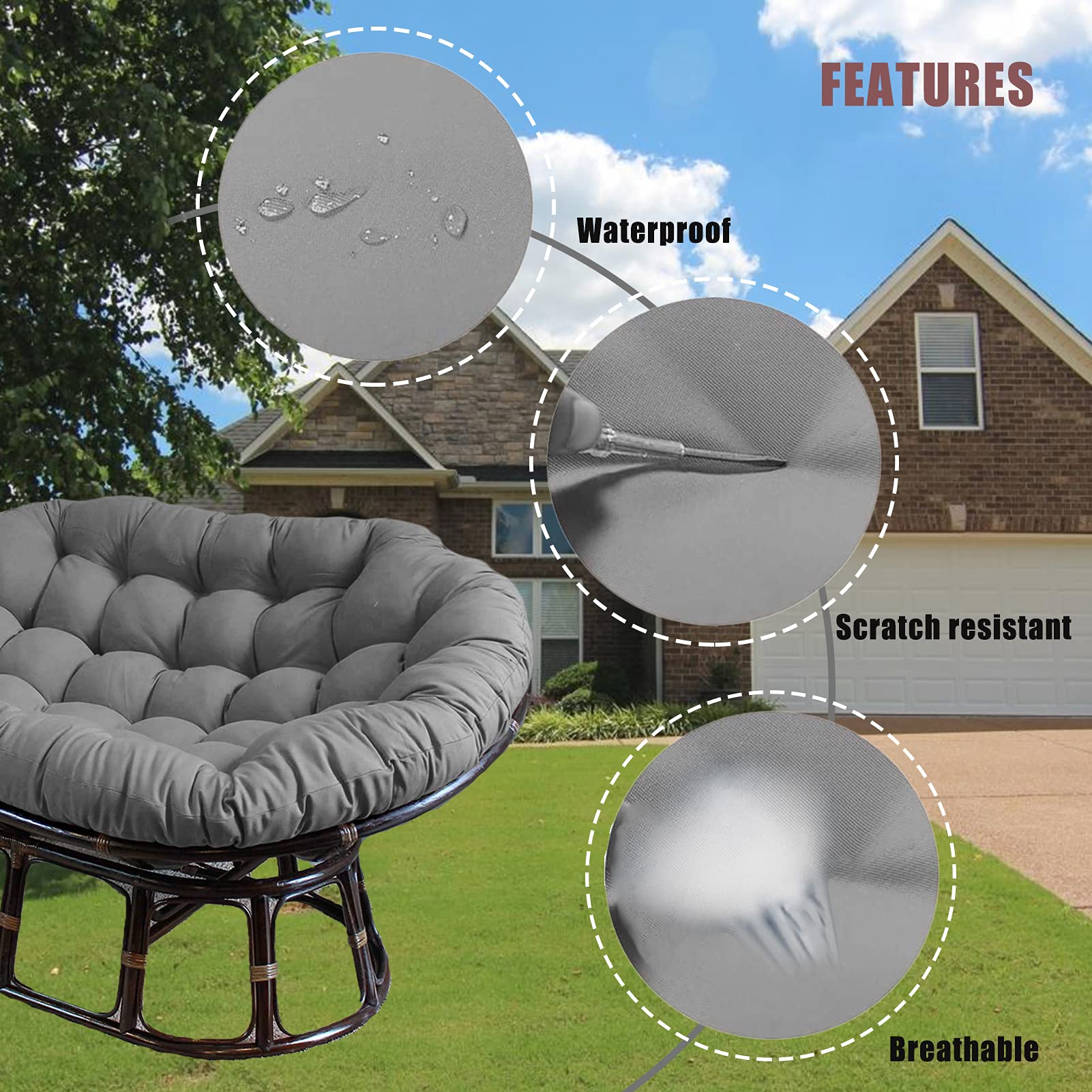 Premium Papasan Chair Cushion - Extra Thick & Oversized for Swing Chairs, Egg Chairs - Ultra Comfortable Double Sink Design - Gray (65x45x6 Inches) - Perfect for Indoor/Outdoor Relaxation, Reading Nooks & Cozy Spaces