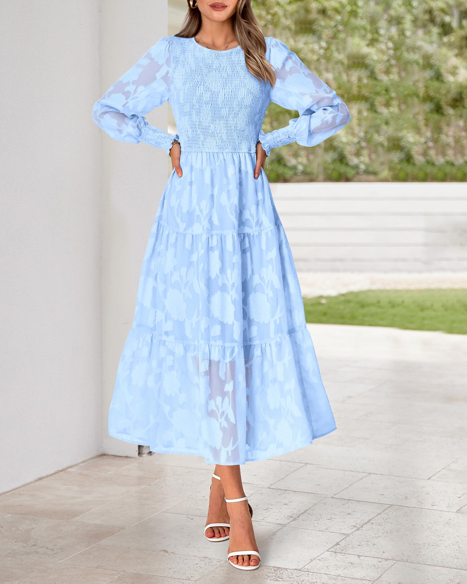 BTFBM Elegant Floral Midi Dress for Women - Long Sleeve Bohemian Wedding Guest Dress - Spring 2025 Casual Flowy Dress for Garden Parties, Bridal Showers & Special Occasions