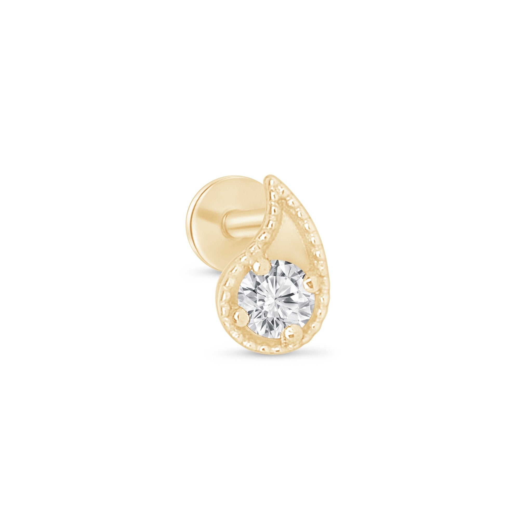 14K Solid Yellow Gold Diamond Paisley Flat Back Stud Earrings with Milgrain Detailing - Perfect for Weddings, Parties & Everyday Elegance