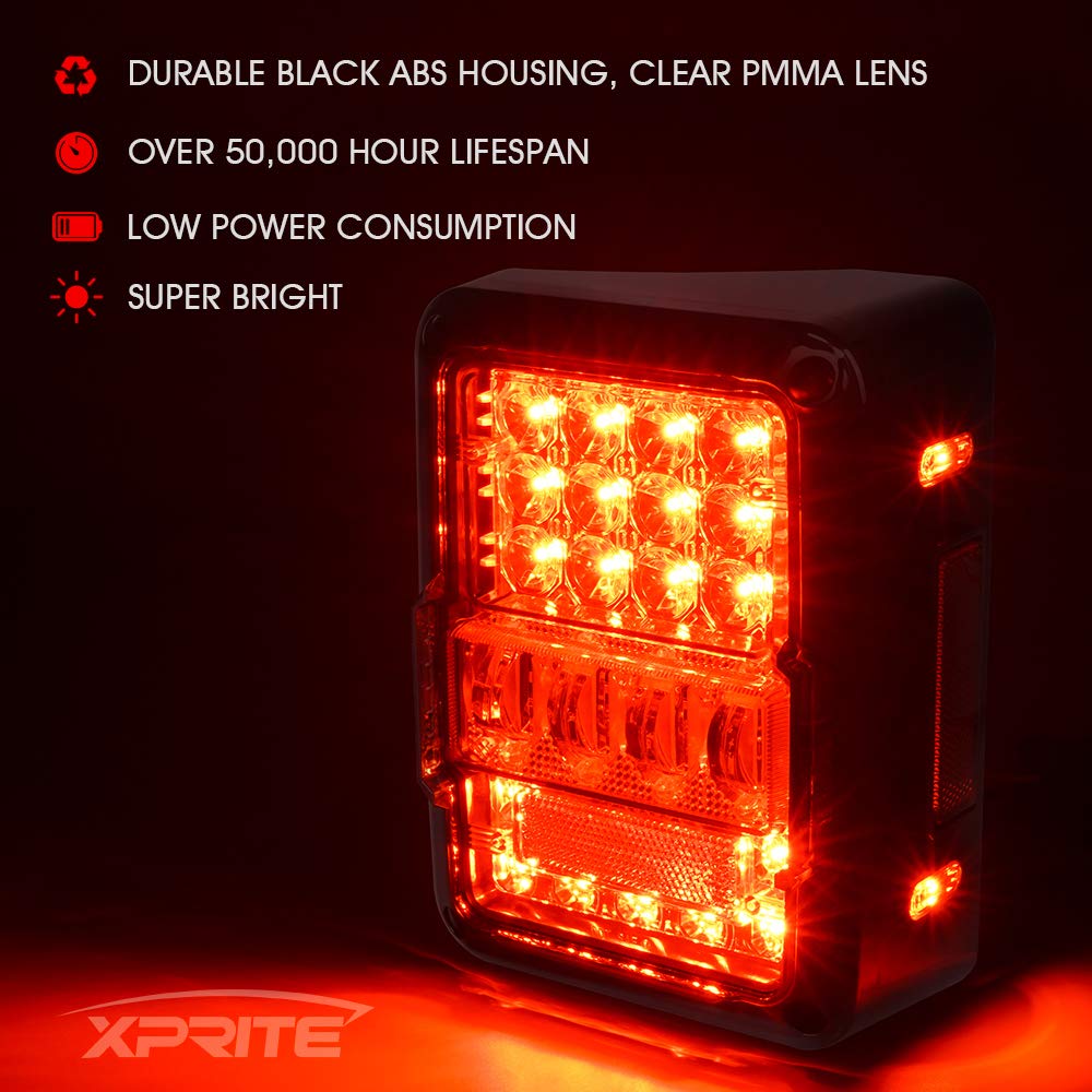 Xprite LED Tail Lights for Jeep Wrangler JK JKU Rubicon Sahara Sport 2007-2018 - DOT Approved 4D Clear Lens Brake Turn Signal & Reverse Lights with Accessories - Perfect for Off-Roading, Night Driving & Custom Jeep Upgrades