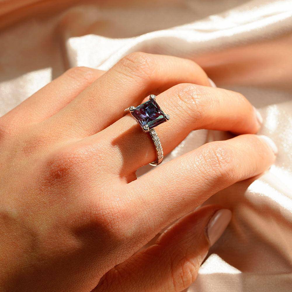 3 CT. Princess Cut Alexandrite Engagement Ring With Moissanite Accents - Perfect for Proposals, Anniversaries & Special Occasions