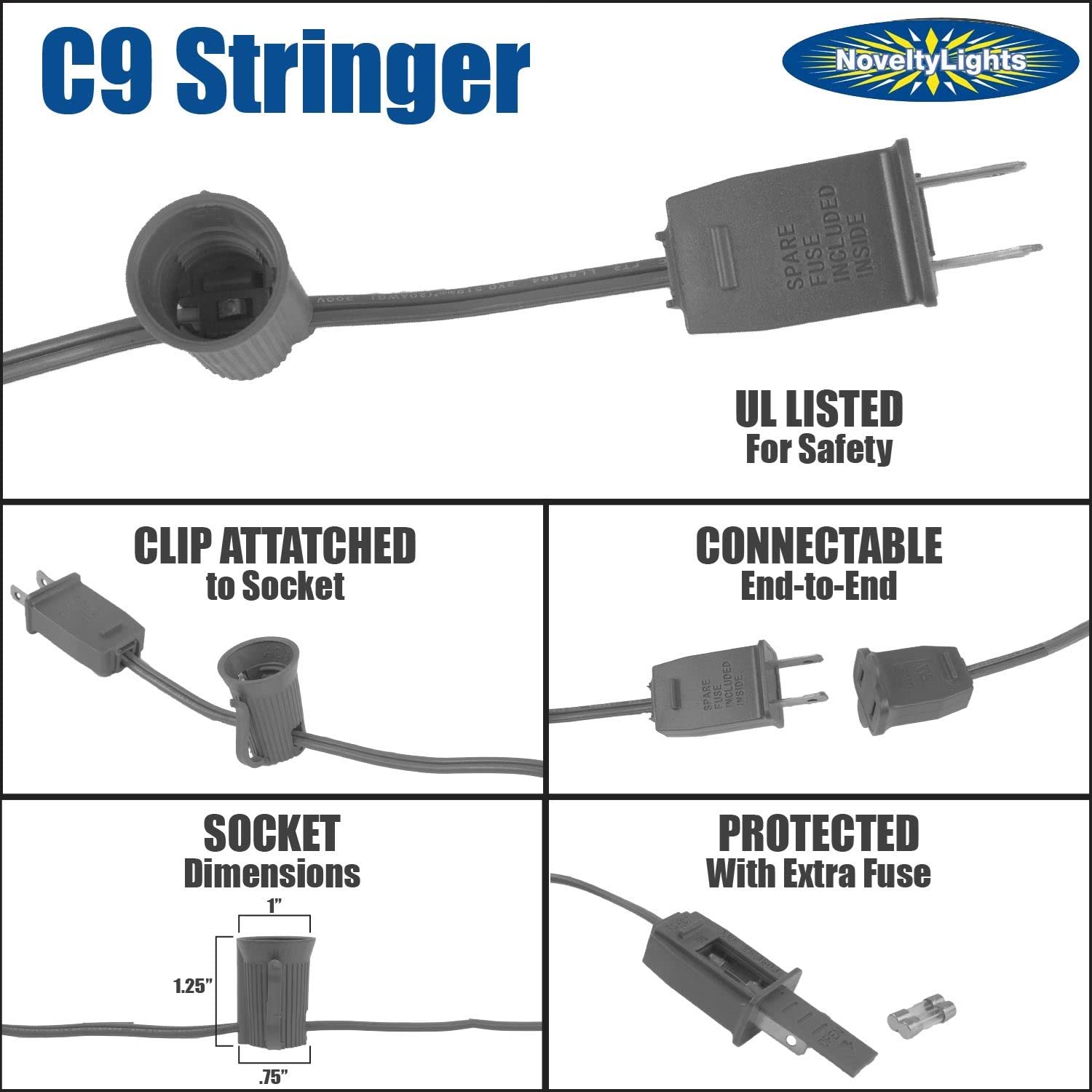 25 Foot C9 Multi Ceramic Christmas String Lights - Outdoor Holiday Lights with Opaque Bulbs, Black Wire - Perfect for Roofline, Trees, and Holiday Decorations