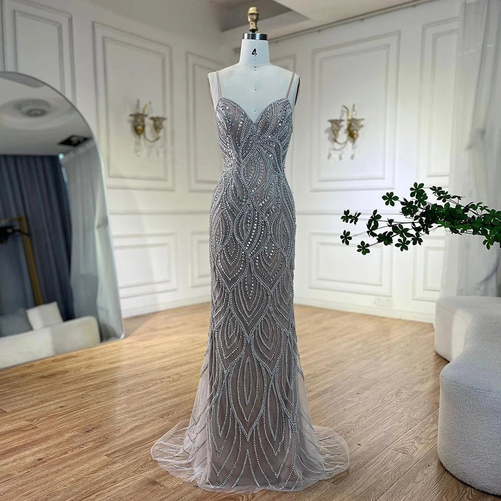 Elegant Nude White Mermaid Evening Gown with Spaghetti Straps - Luxury Women's Formal Dress for Prom, Wedding & Special Occasions - Serene Hill Collection 2025 LA70214