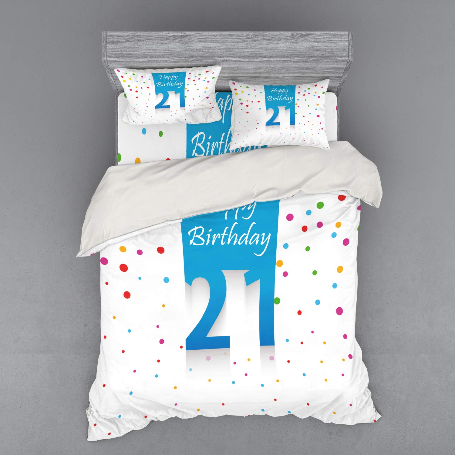 Ambesonne 21st Birthday Duvet Cover Set - 4 Piece Queen Size Bedding with Shams & Fitted Sheet - Colorful Party Theme with Celebration Words - Perfect for Birthday Decorations & College Dorm Room Essentials
