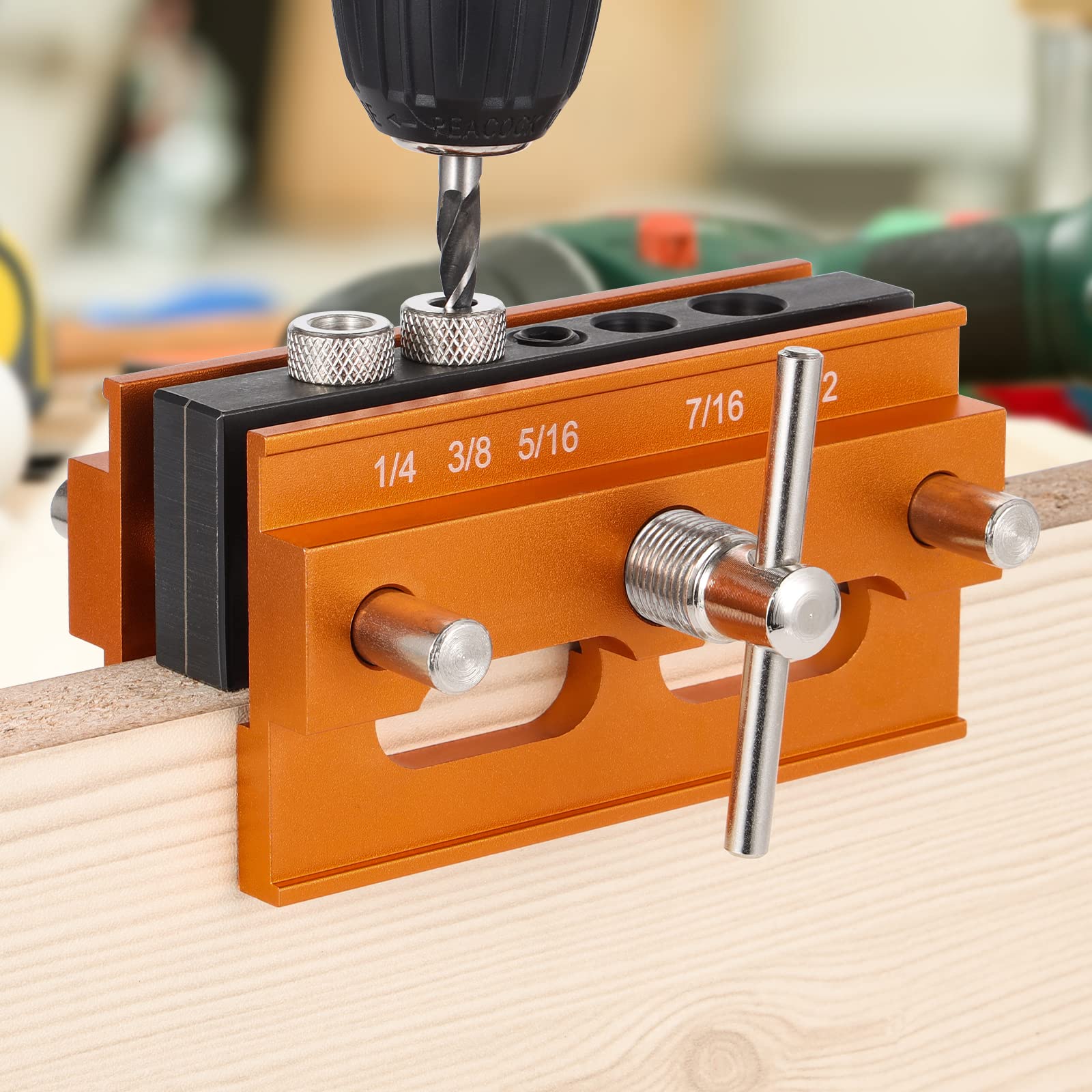 SLIIMU Self Centering Dowel Jig Kit - 6 Drill Sleeves, Inch Woodworking Drill Guide for Straight Holes, Portable Drill Block for Wood Dowels (Orange) - Perfect for Cabinet Making, Furniture Repair & DIY Woodworking Projects