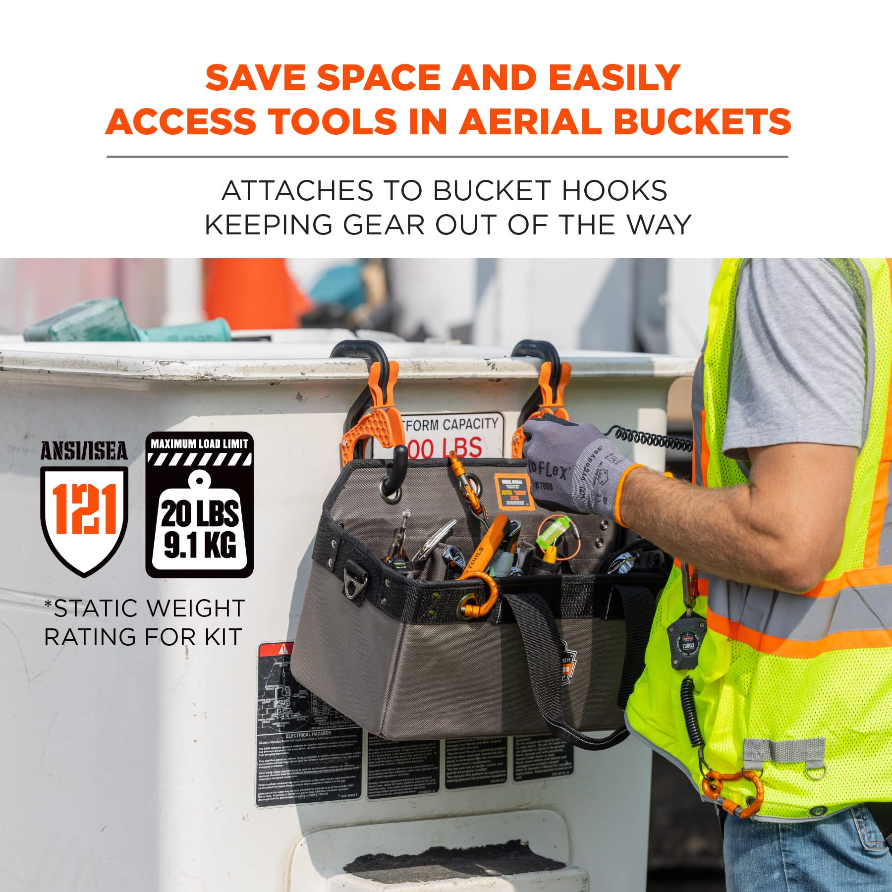 **Ergodyne Arsenal 5846 Heavy-Duty Bucket Truck Tool Bag with Locking Aerial Bucket Hooks – Durable Utility Pouch for Electricians & Linemen – Perfect for Aerial Work & Construction Sites**