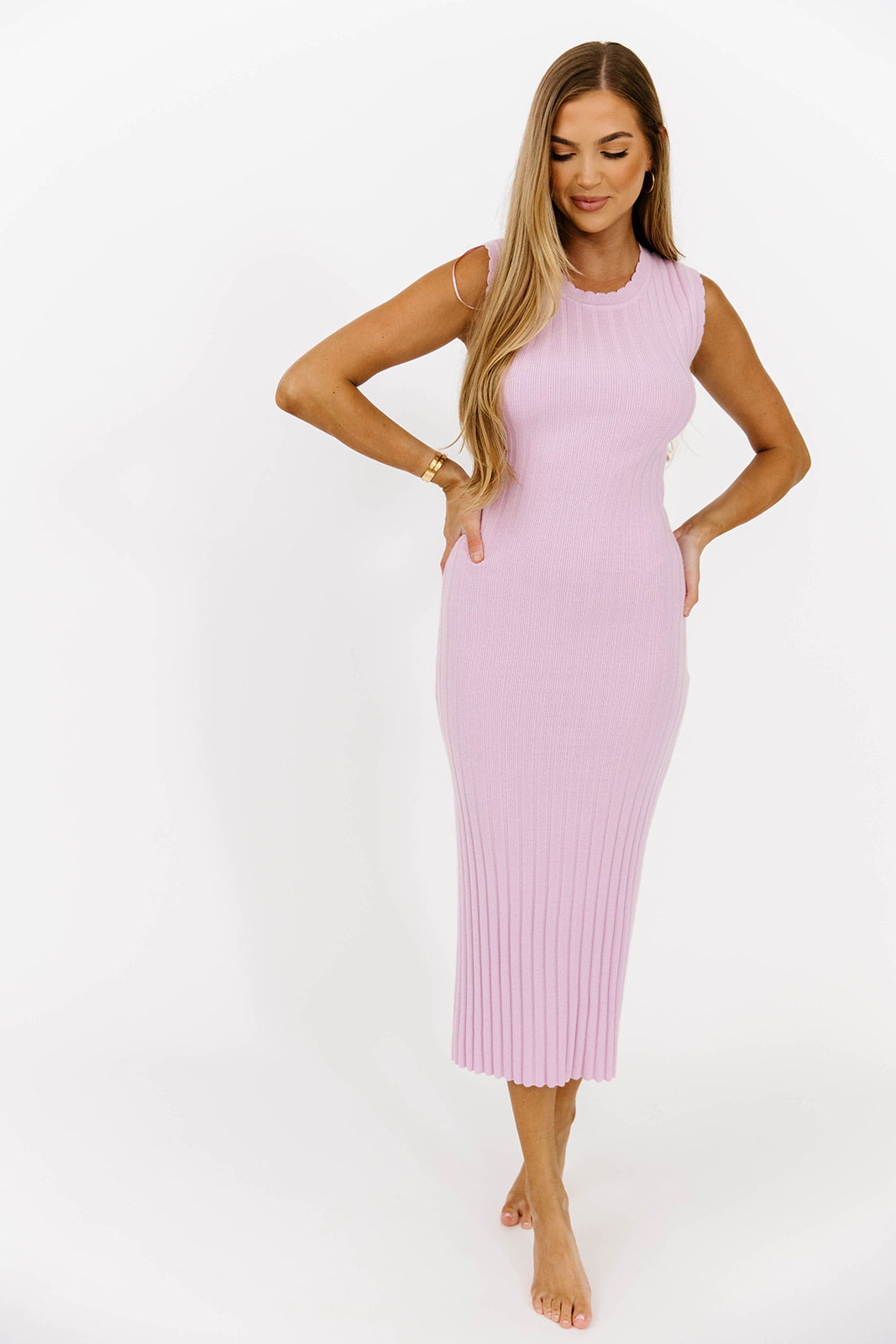 Mirabella Scalloped Edge Ribbed Sweater Maxi Dress Pale Pink - Elegant Winter Long Knit Dress for Women, Perfect for Holiday Parties, Date Nights & Office Wear