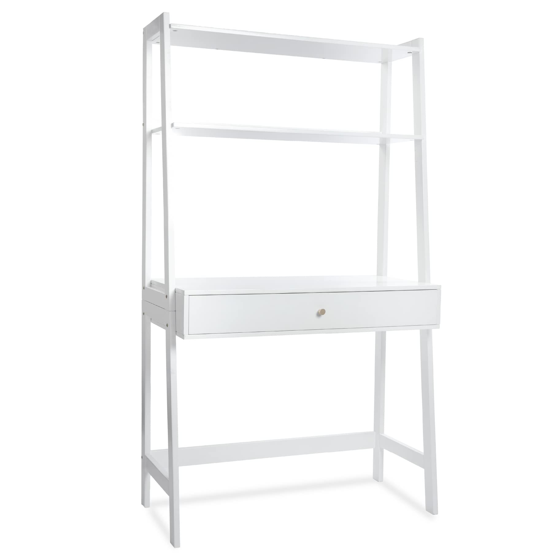 Milliard White Ladder Desk with Storage - Freestanding Wall Computer Desk with Drawer and Shelves for Home Office, Study Room, or Small Space Workstation