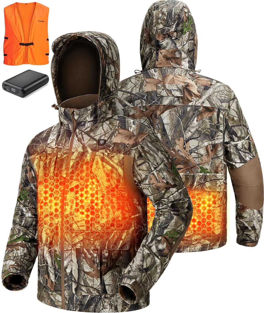 TIDEWE Men's Heated Jacket with Rechargeable Battery Pack - Zippered Back Pocket & Heating Pads (Next Camo G2, Size S-XXXL) - Winter Outdoor Work, Hunting & Cold Weather Activities