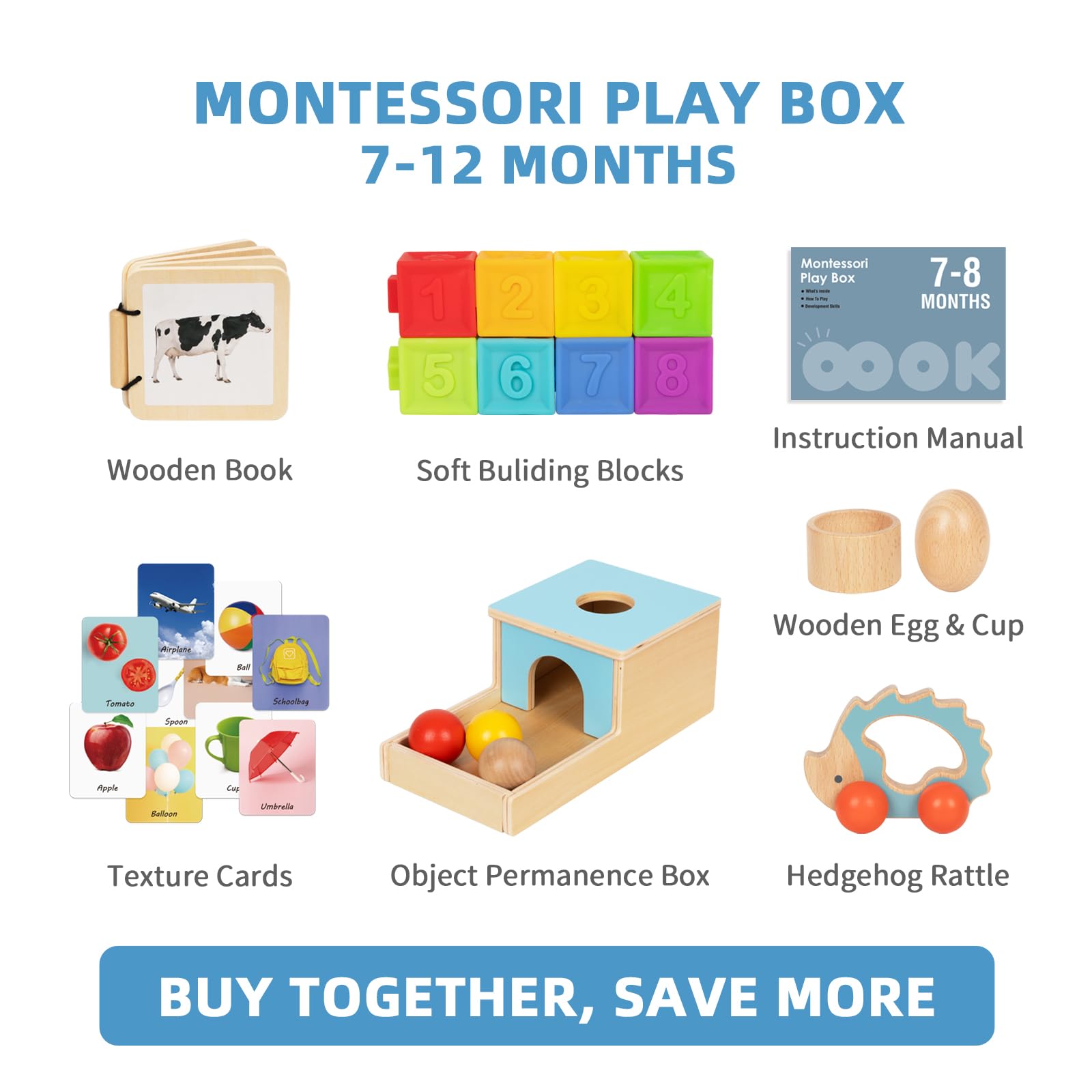 **Montessori Baby Toys for 6-12 Months – 7-in-1 Educational Learning Set for Toddlers (Soft Building Blocks, Object Permanence Box, Rattle, Texture Cards, Wooden Egg & Book) – Perfect for Early Development & Sensory Play**