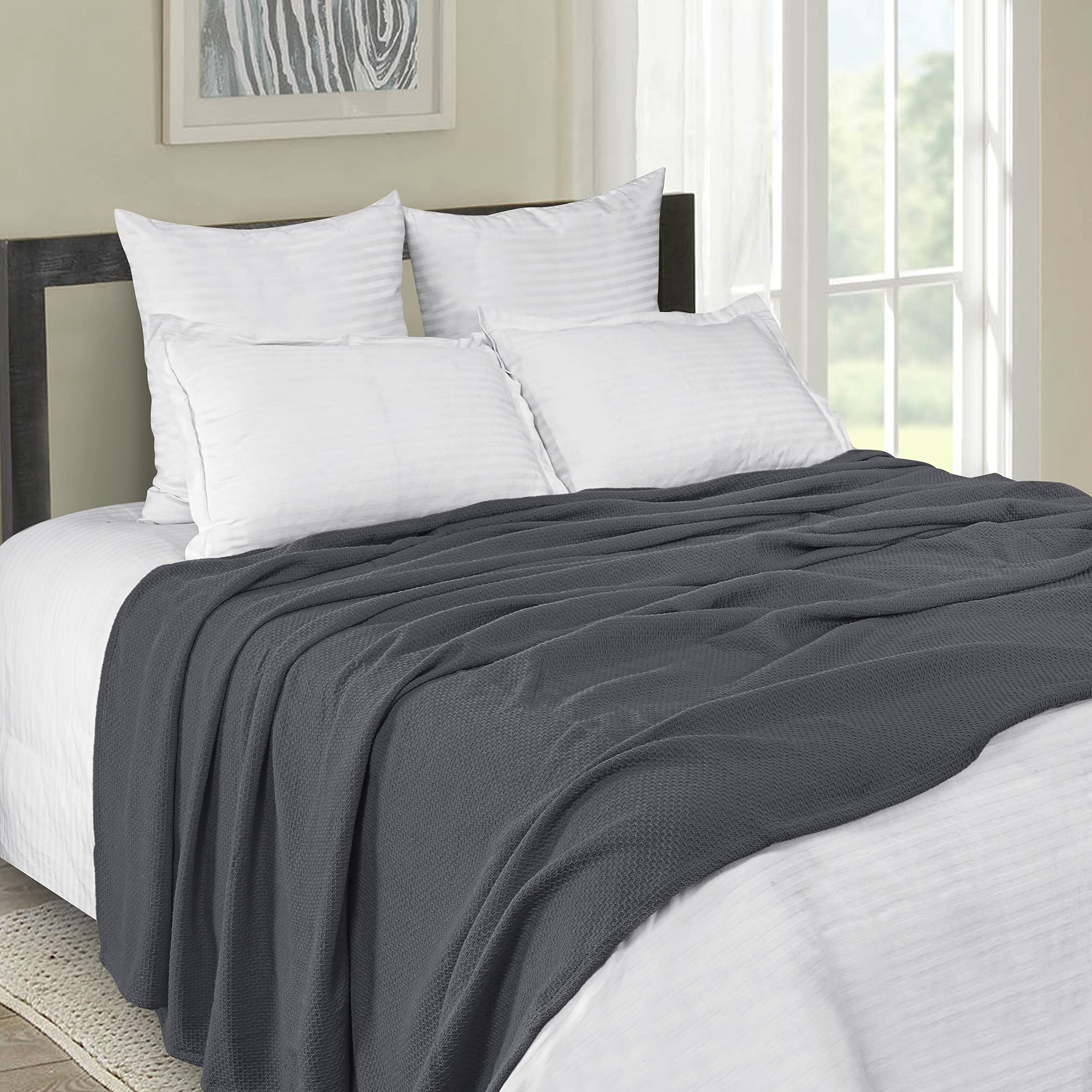 BOUTIQUO 100% Cotton Waffle Weave Blanket - Queen Size 90x90 Inch Breathable Thermal Bed Blanket, Soft Honeycomb Weave, Grey - Perfect for All Seasons, Layering, Bedroom, Sofa & Guest Room Comfort