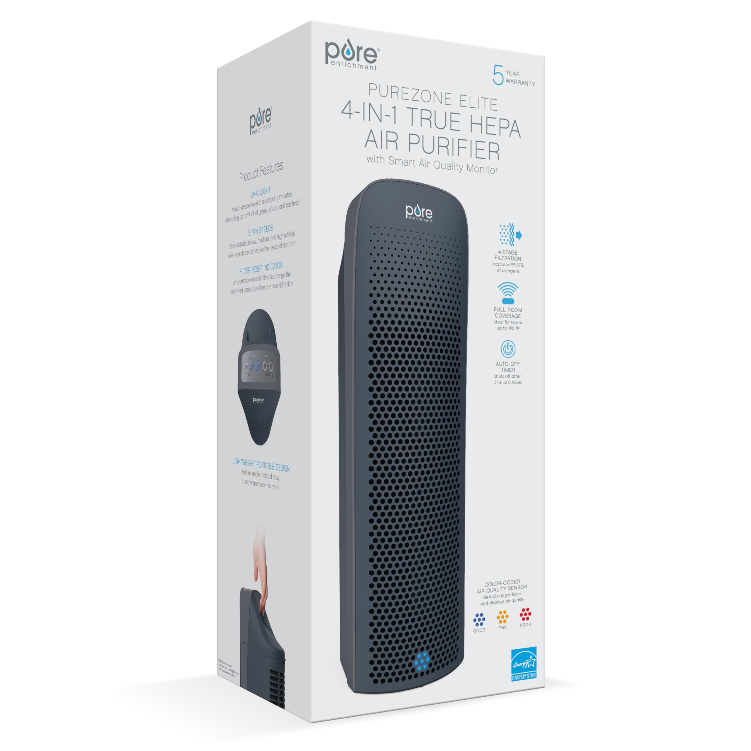 Pure Enrichment PureZone Elite True HEPA Large Room Air Purifier with Air Quality Monitor - 4 Stage Filtration & UV-C Light - Eliminates Bacteria, Smoke, Pollen & Dust - Graphite - Perfect for Bedrooms, Living Rooms & Offices
