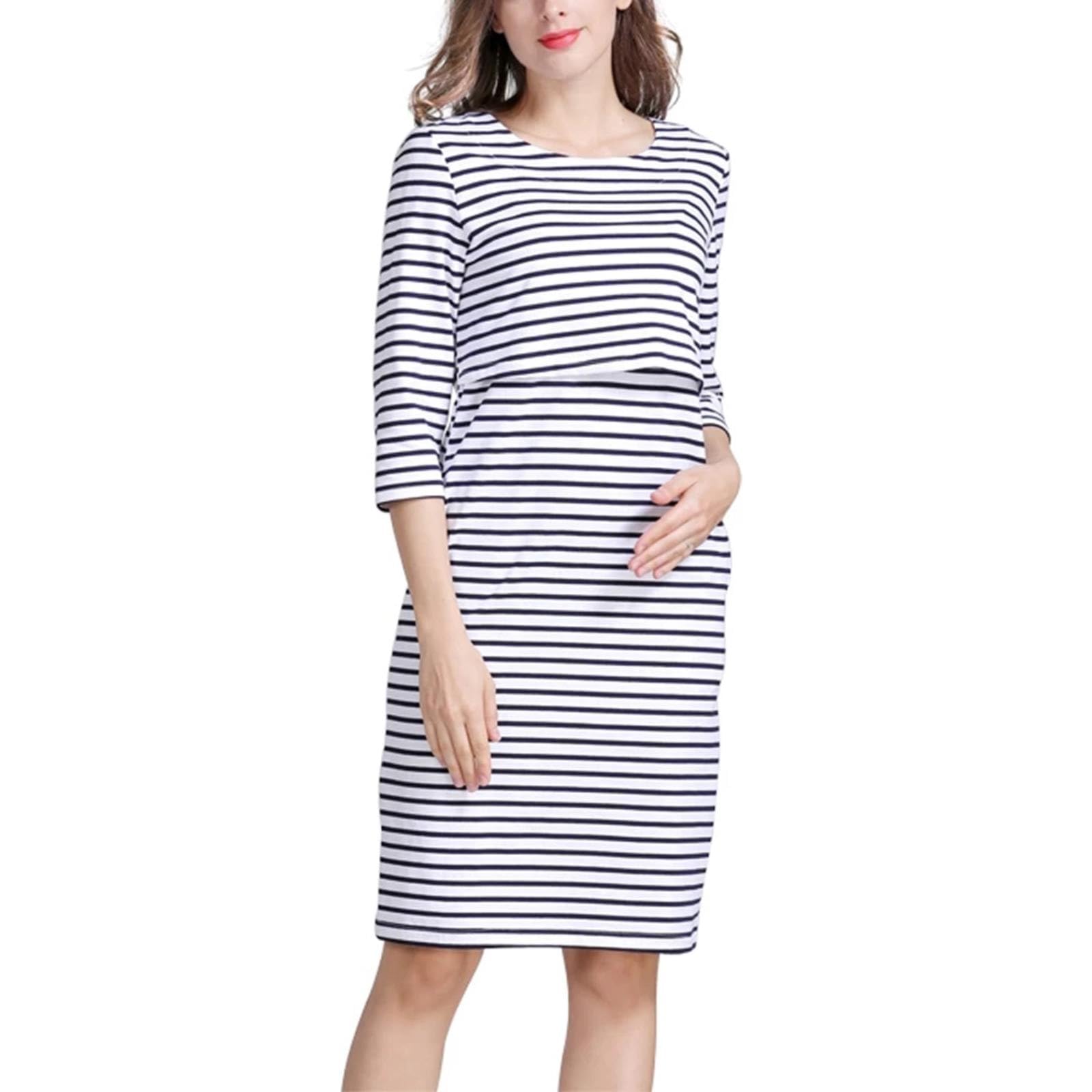 Stylish Striped Maternity & Nursing Dress for Women - Plus Size Mid Sleeve Postpartum Dress | Perfect for Breastfeeding, Pregnancy & Casual Outings