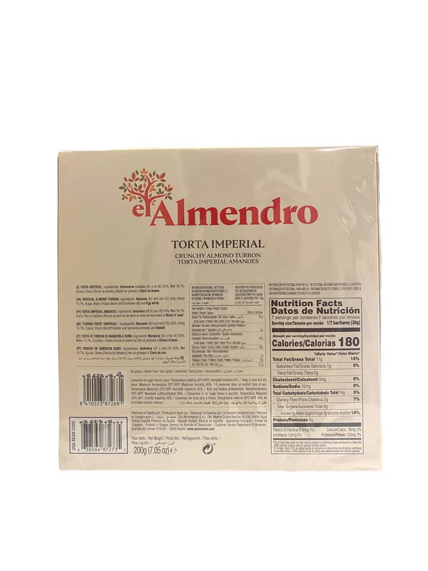 El Almendro Turron Torta Imperial 200g - Pack of 6 Spanish Almond Nougat Bars | Gourmet Holiday Gift, Christmas Treat & Dessert for Parties & Family Gatherings