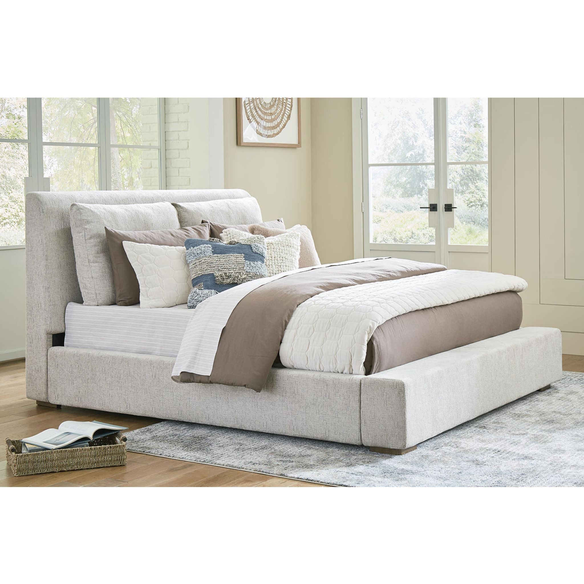 Cabalynn Upholstered Bed Frame - Queen Size Oatmeal Fabric Headboard - Modern Platform Bed with Wooden Slats for Bedroom, Guest Room or Master Suite