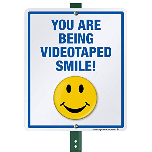 SmartSign 12 x 10 Inch 'You Are Being Recorded Smile' Security Sign - 3ft Rustproof Aluminum Stake, 40mil Laminated Durable Yard Sign (Blue/Yellow on White) - Perfect for Home Security, Business Surveillance & Property Protection (Set of 1)