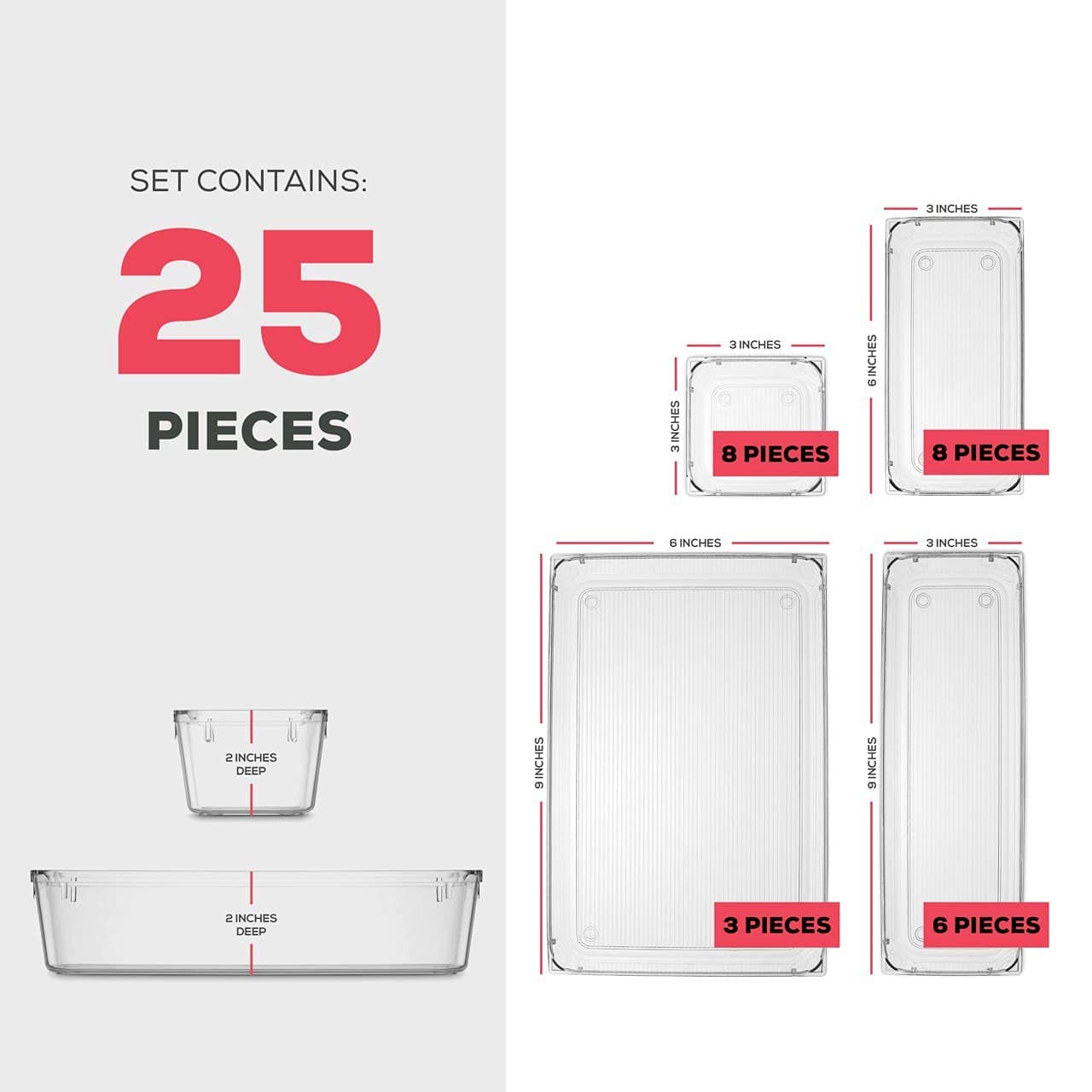 25-Piece Clear Plastic Drawer Organizer Set - 4-Size Versatile Storage Trays for Bathroom, Vanity, Makeup, Kitchen & Office - Perfect for Bedroom, Bathroom and Kitchen Organization