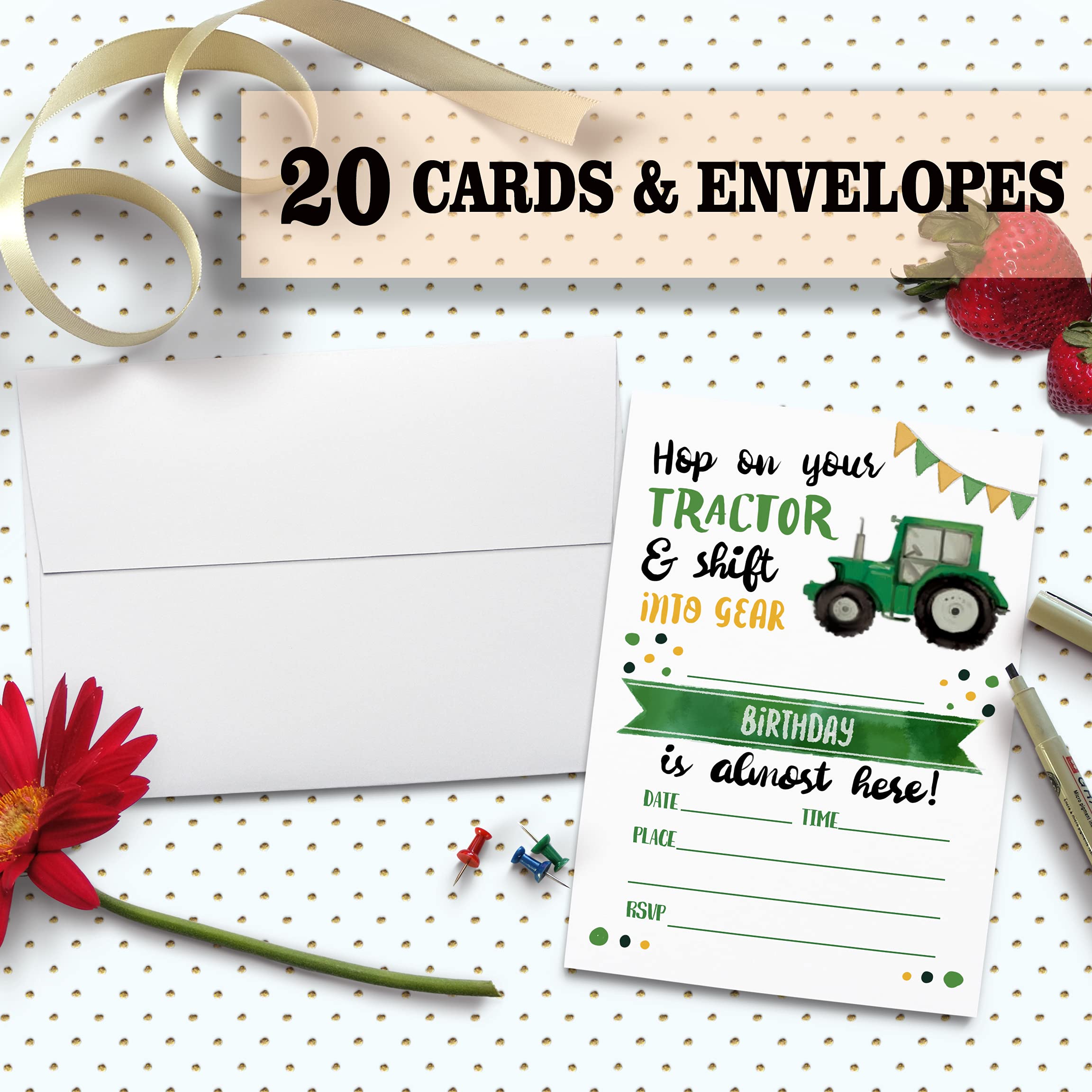 Tractor Birthday Party Invitation Cards - 20 Premium Printed Invites with Envelopes | Farm-Themed Celebration Supplies for Kids & Adults | Perfect for Farmhouse, Construction, or John Deere Themed Parties