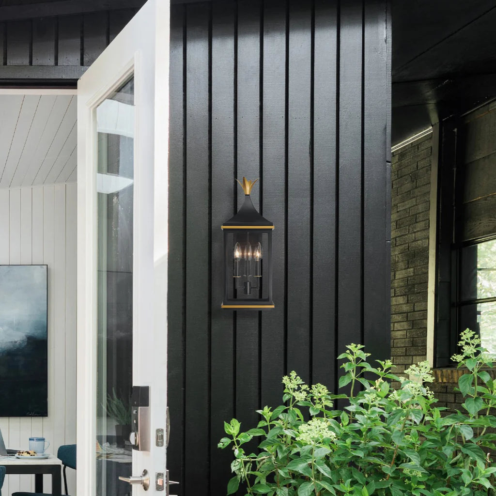Simpson 3-Light Outdoor Wall Sconce - 8.25x19.75 Inch Matte Black Stainless Steel with Textured Gold Finish & Glass Shade - 120V E12 Candelabra Base LED Bulb Compatible - Perfect for Patio Lighting, Garden Decor, and Exterior Wall Illumination